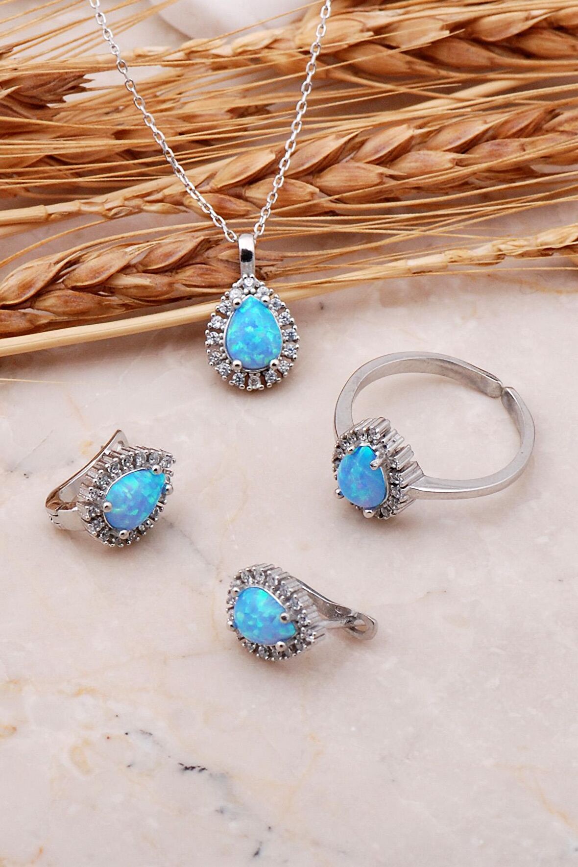Opal Taşlı Damla Gümüş Üçlü Set 2422