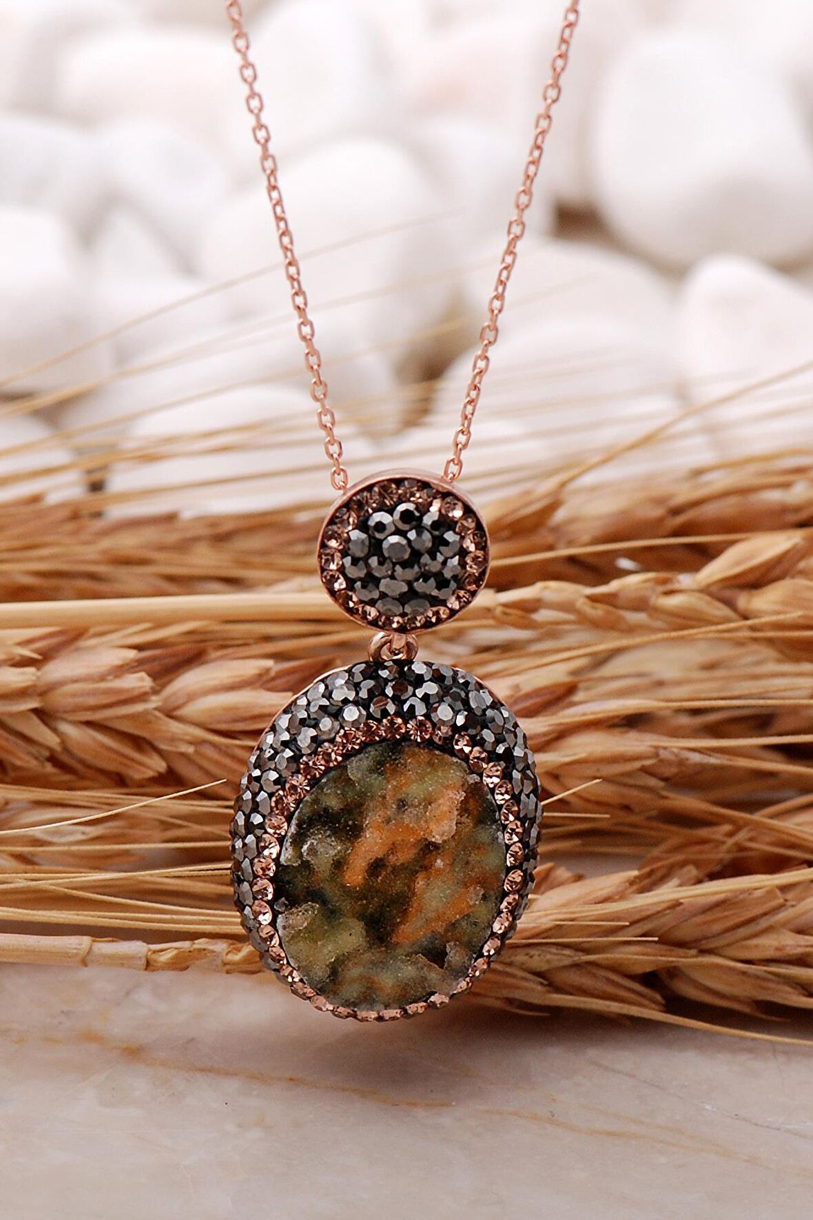 Doğal Krizopraz Taşlı Oval Rose Gümüş Kolye 7438