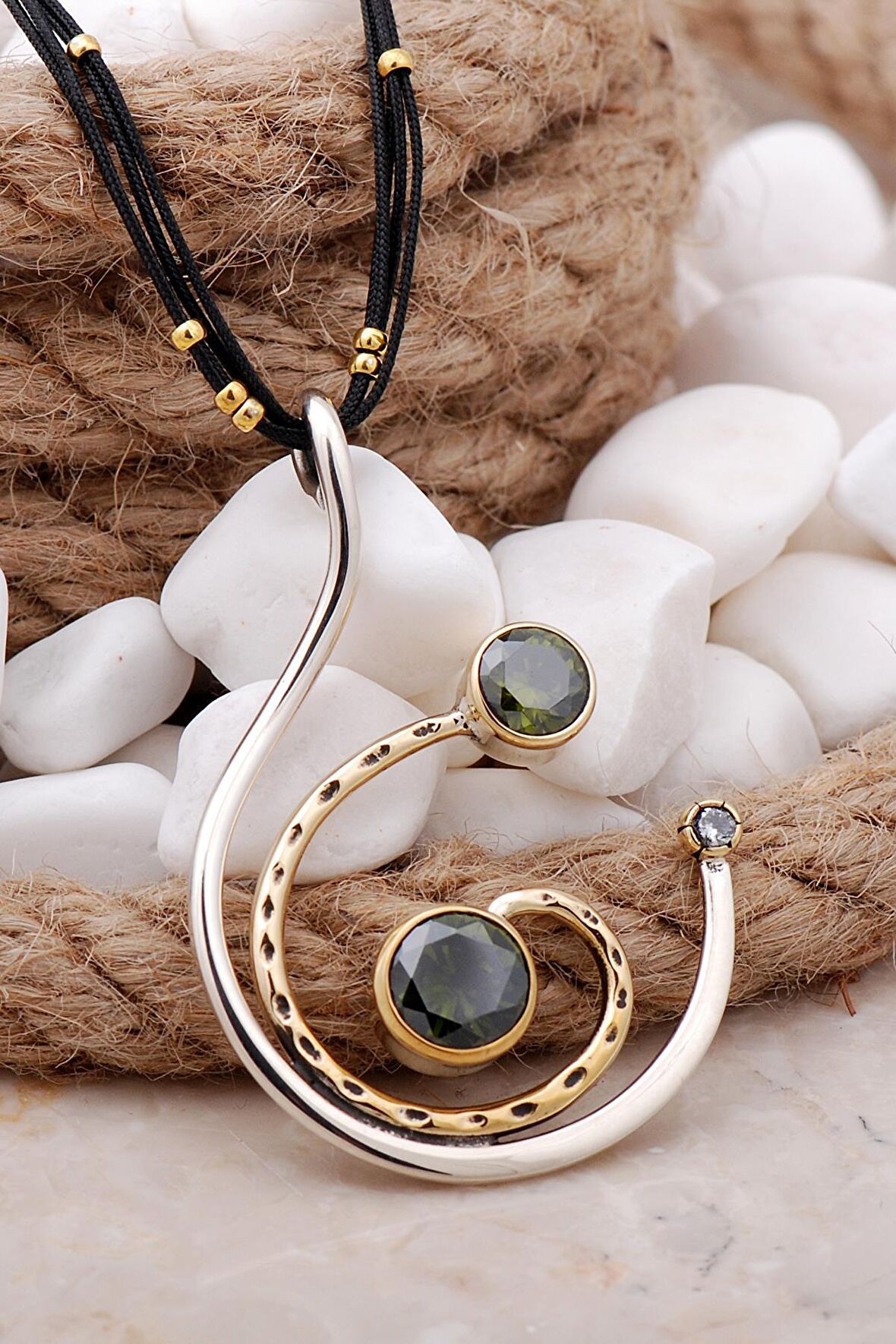 Sümer Telkari Peridot Taşlı Tasarım Gümüş Kolye 7559