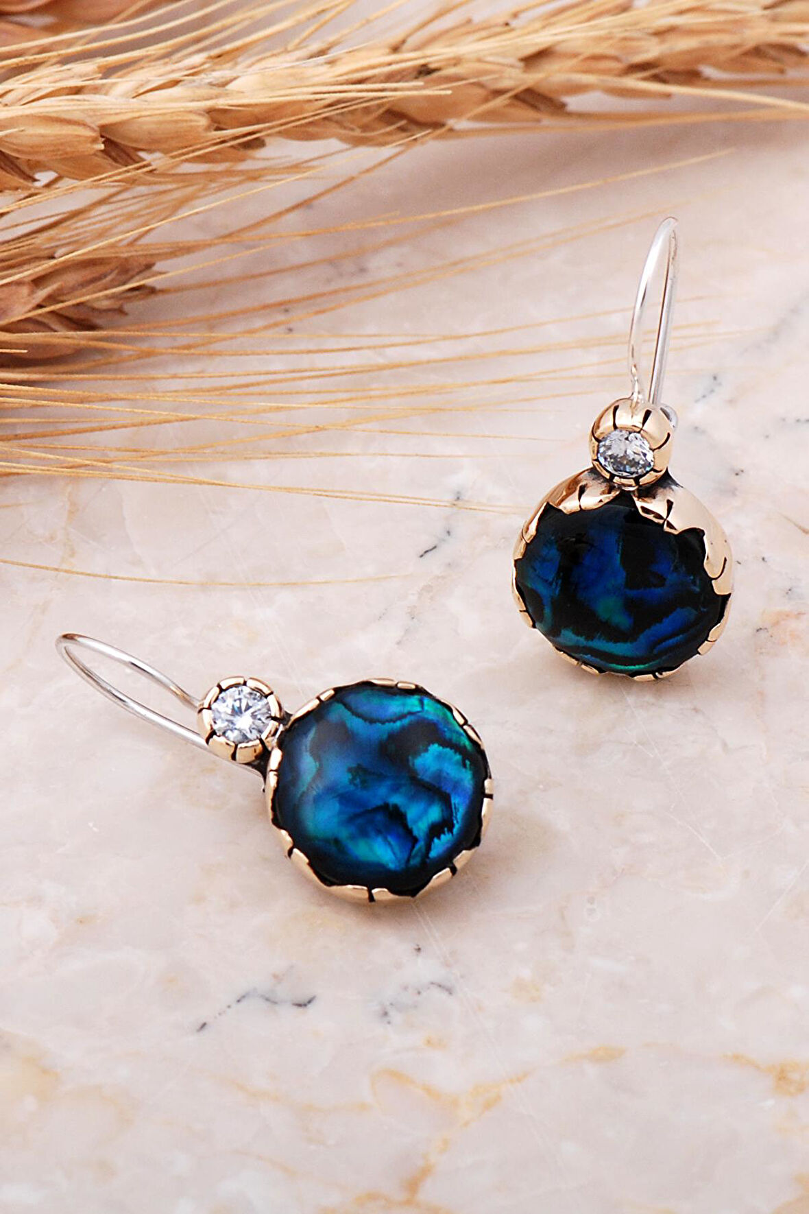 Okyanus Sedefi Elişi Gümüş Tasarım Küpe 5761