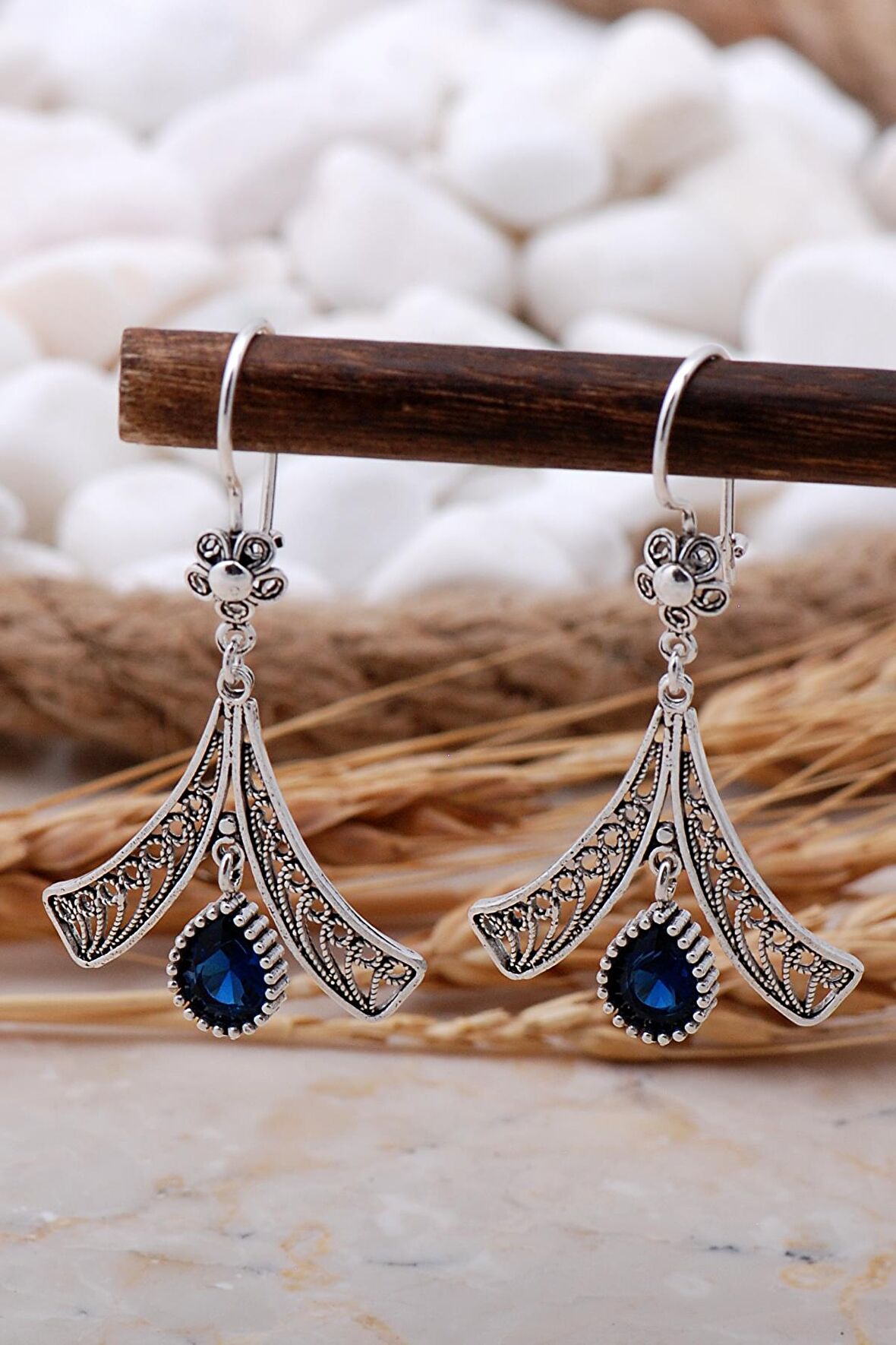 Safir Taşlı Telkari Elişi Gümüş Küpe 5770