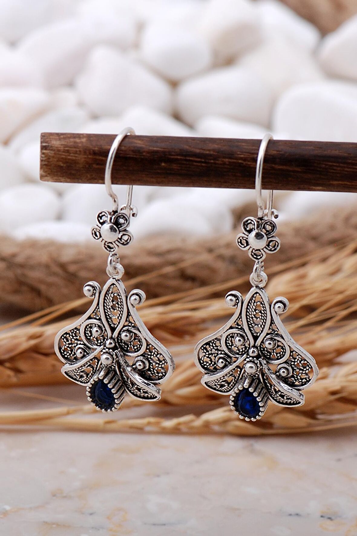 Safir Taşlı Telkari Elişi Gümüş Küpe 5772