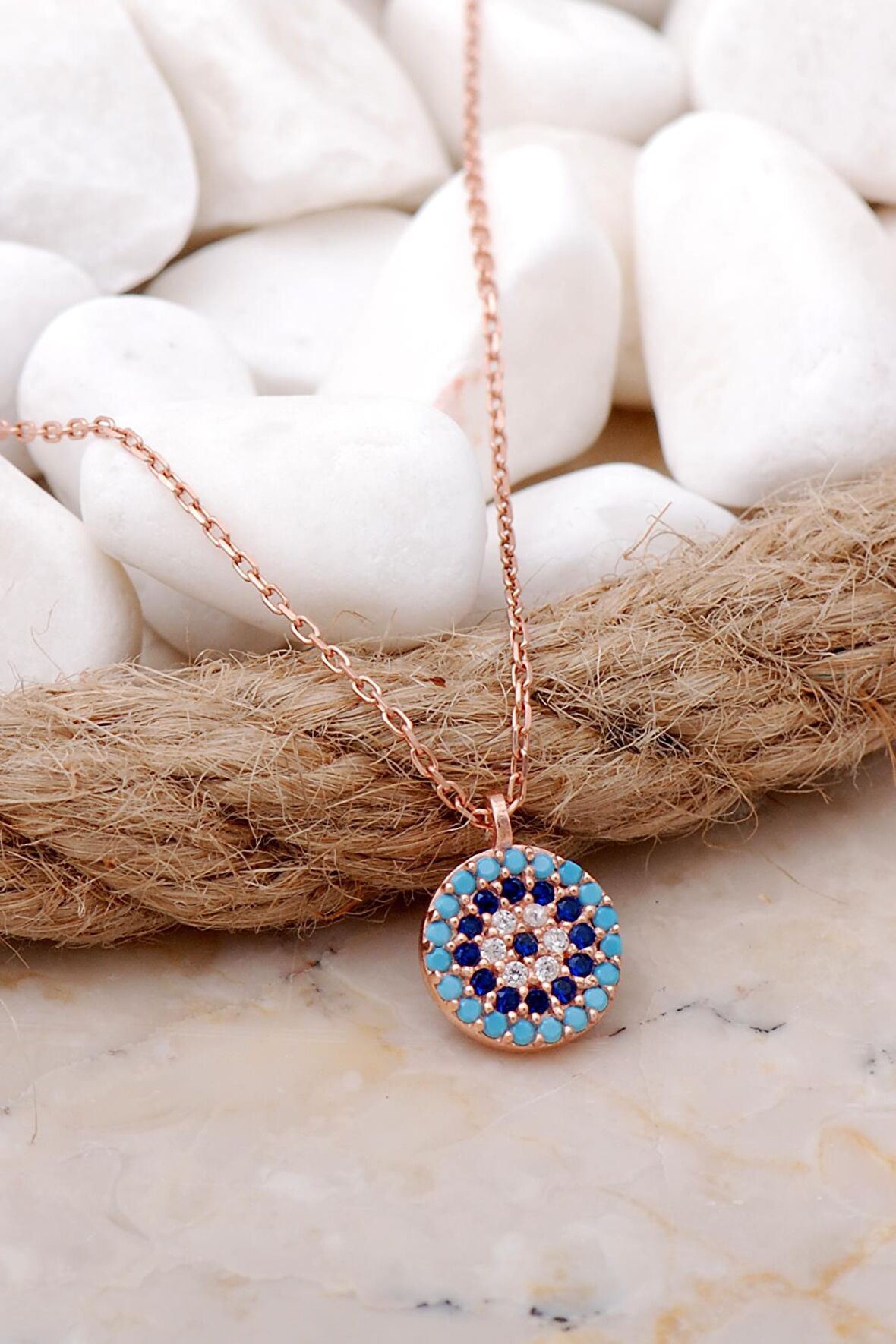 Nazar Boncuklu Rose Gümüş Kolye 7686