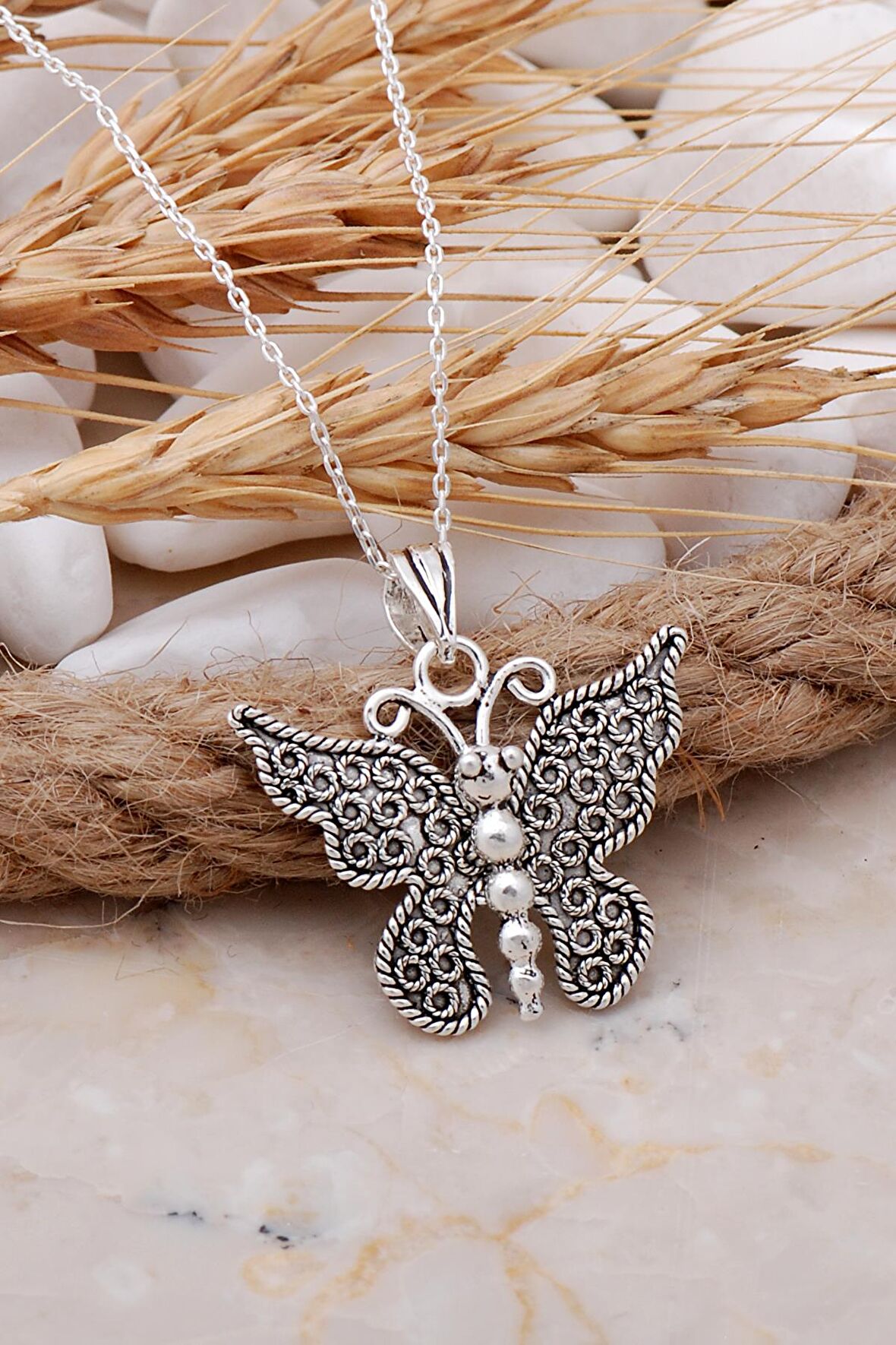 Kelebek Telkari Elişi Gümüş Kolye 7693