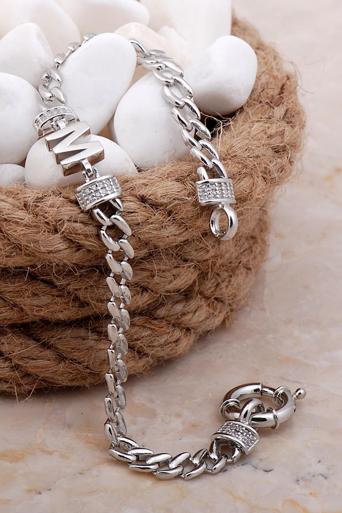 M Harfli Gurmet Rodyumlu Gümüş Bileklik 4041