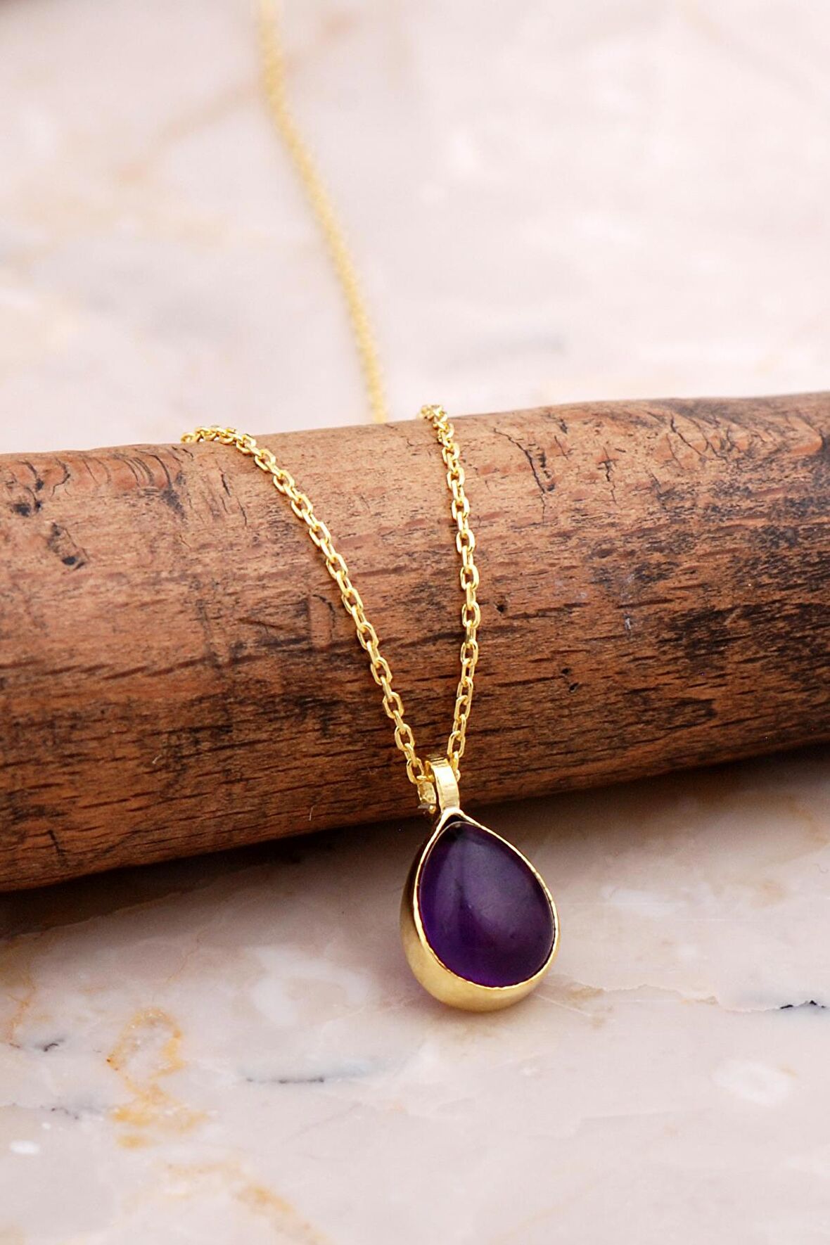 Doğal Ametist Taşlı Damla Mini Altın Yaldızlı Gümüş Kolye 7741