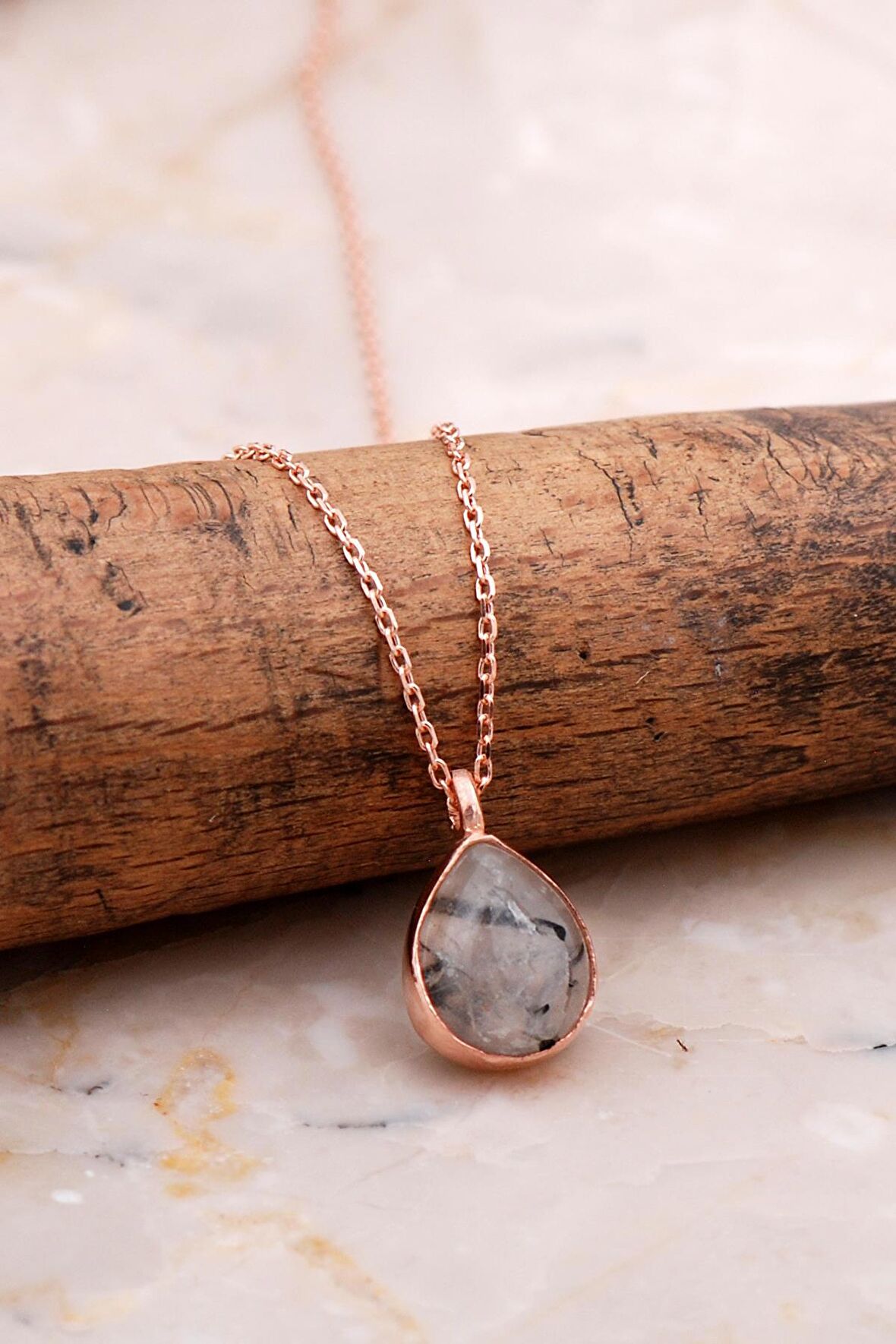 Doğal Rutil Kuvars Taşlı Damla Mini Rose Gümüş Kolye 7749