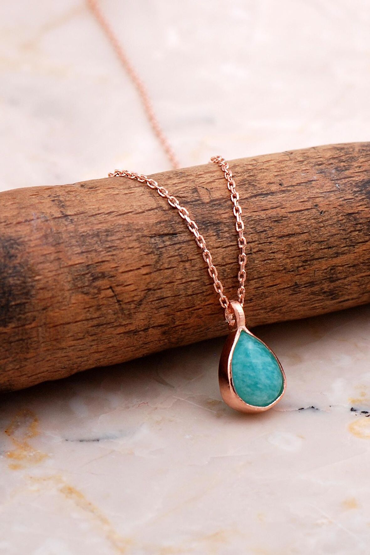 Doğal Amazonit Taşlı Damla Mini Rose Gümüş Kolye 7758