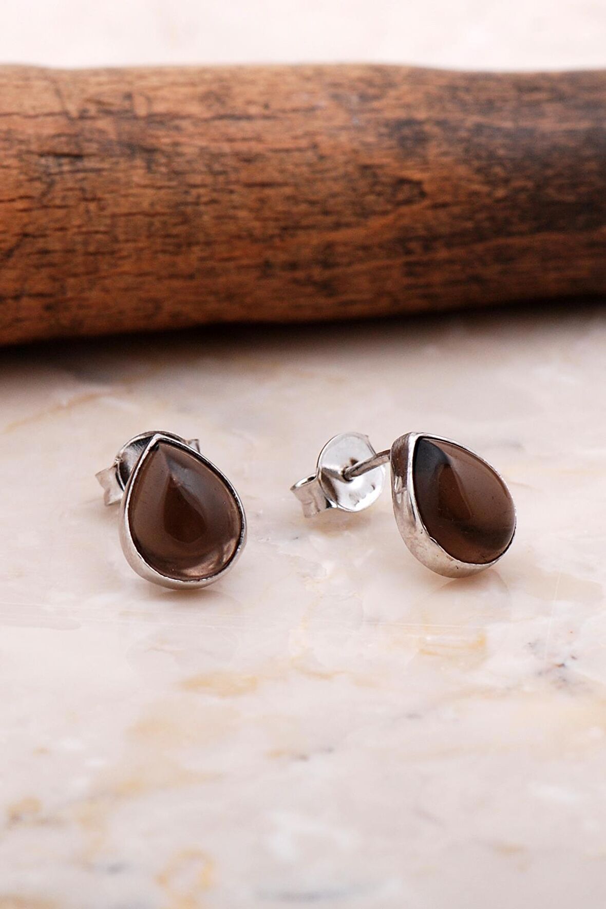 Doğal Smoky Taşlı Damla Mini Rodyumlu Gümüş Küpe 5823