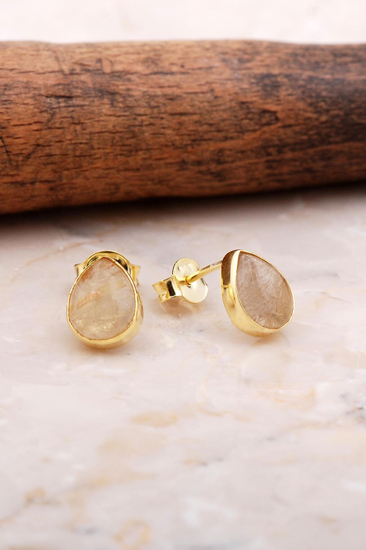 Doğal Sarı Rutil Kuvars Taşlı Damla Mini Altın Yaldızlı Gümüş Küpe 5843