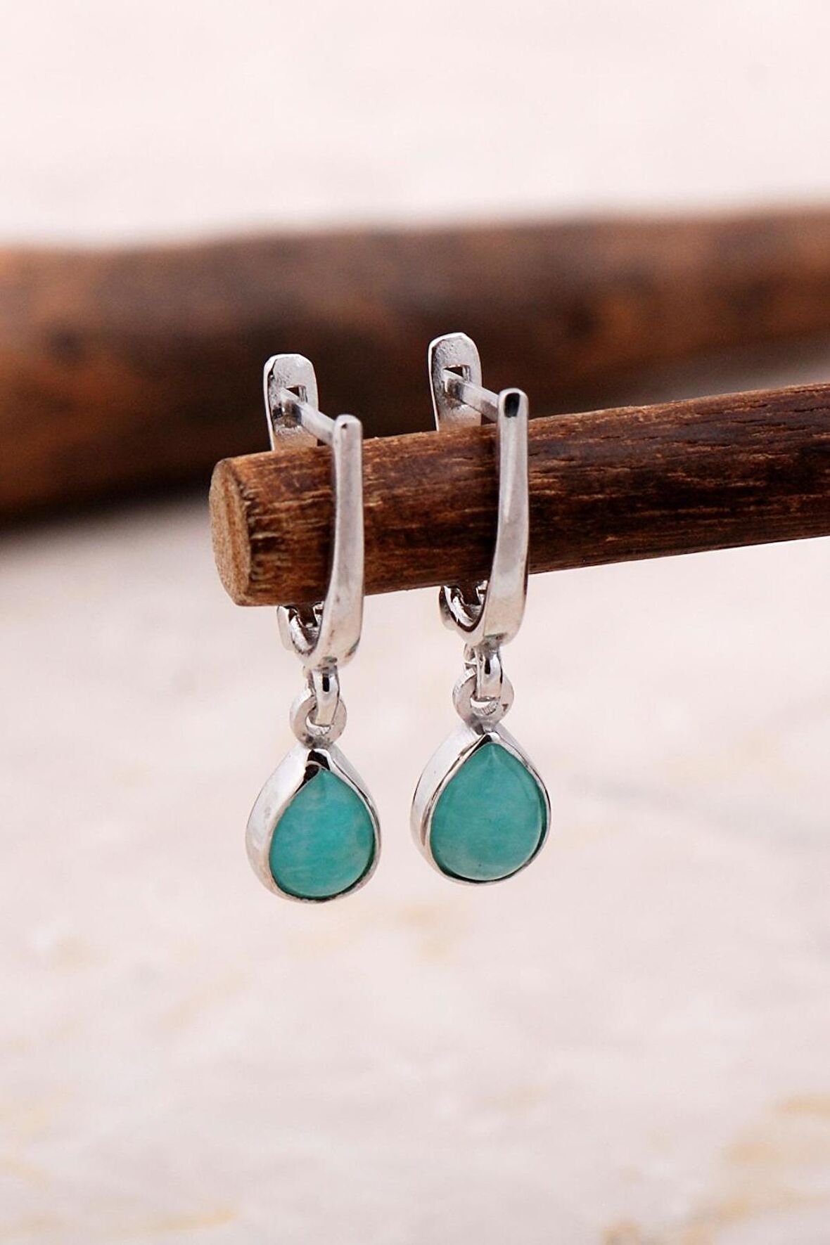 Doğal Amazonit Taşlı Damla Mini Rodyumlu Gümüş Küpe 5861