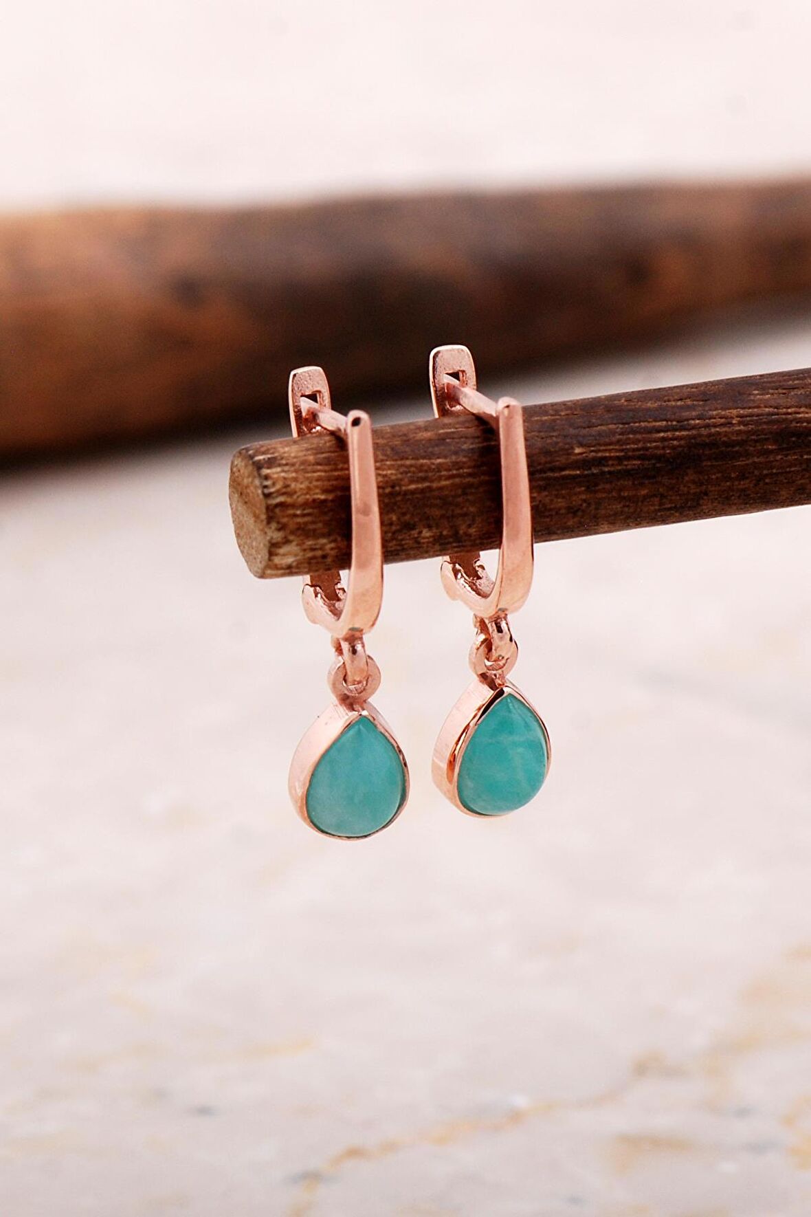 Doğal Amazonit Taşlı Damla Mini Rose Gümüş Küpe 5863