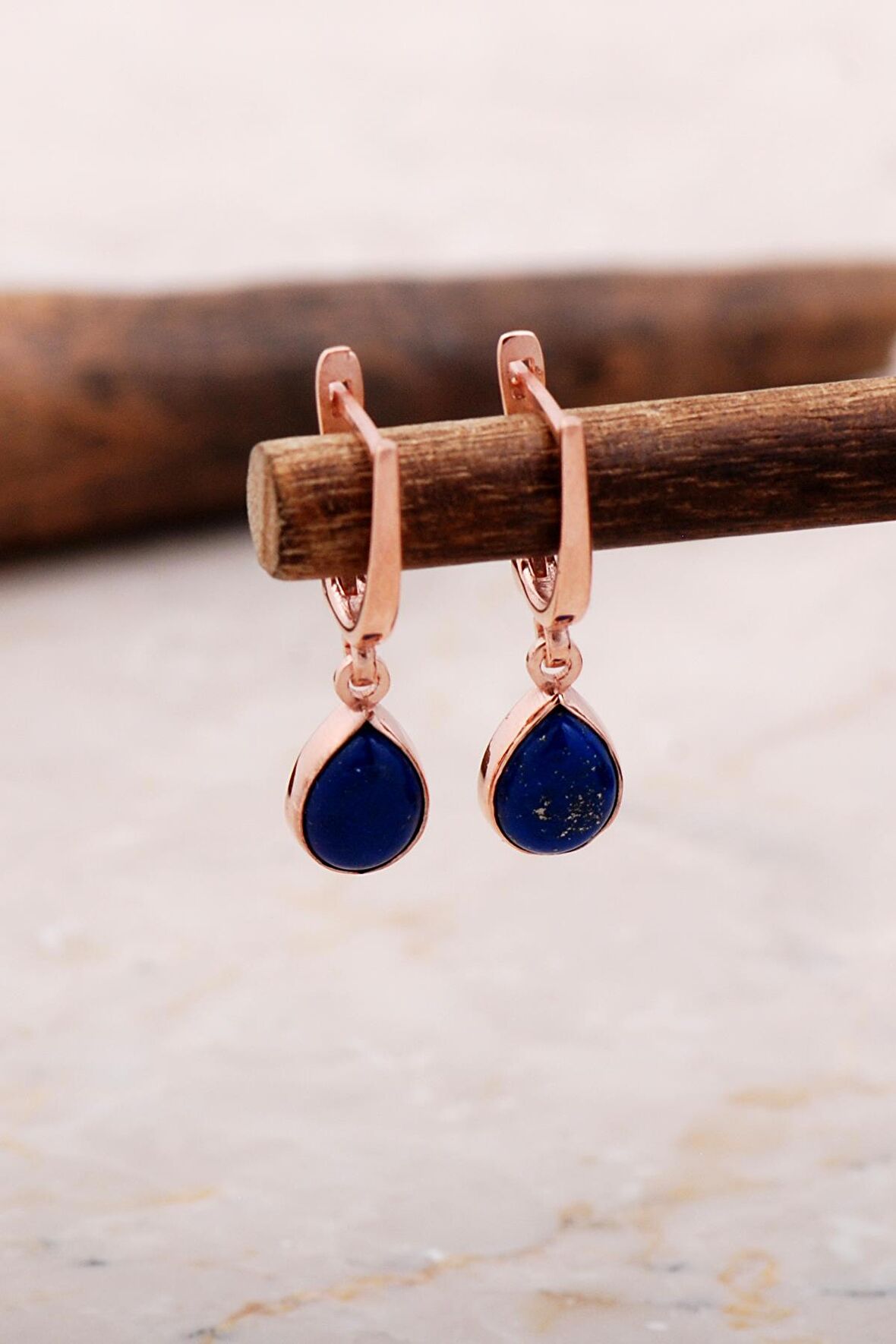 Doğal Lapis Lazuli Taşlı Damla Mini Rose Gümüş Küpe 5869