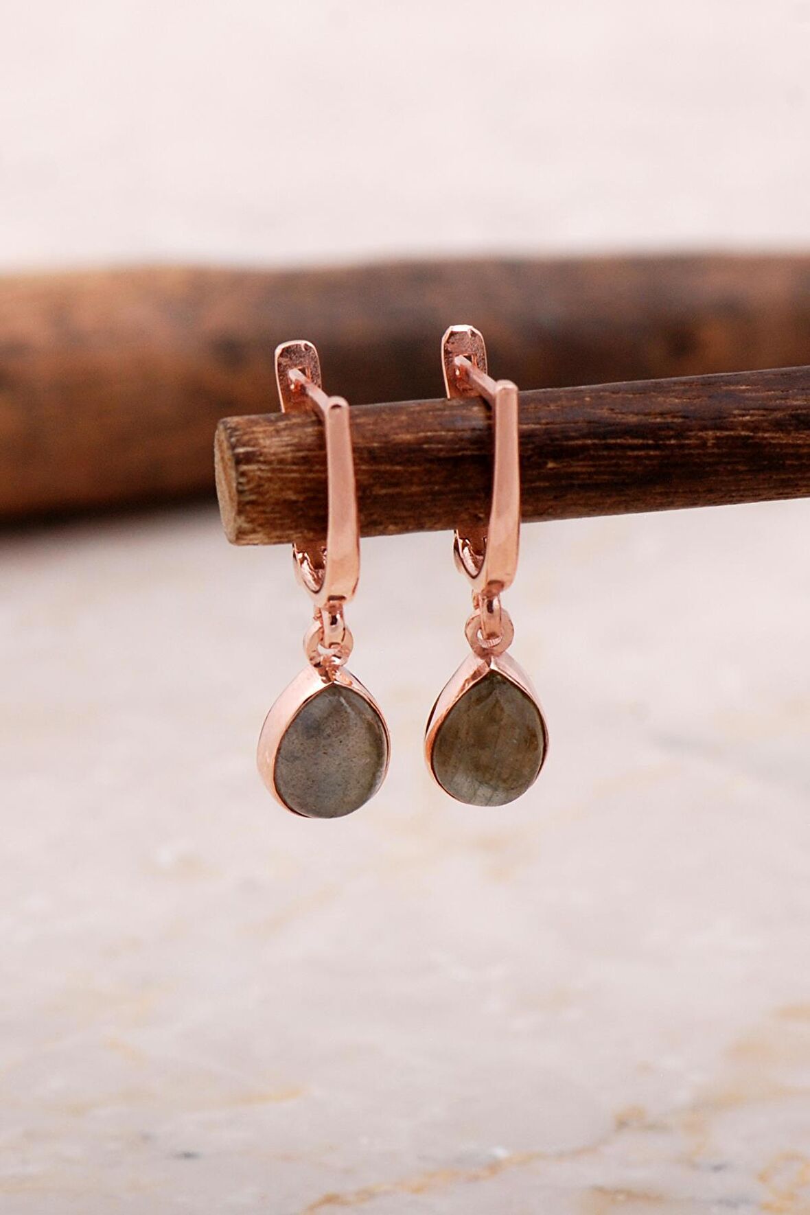 Doğal Labradorit Taşlı Damla Mini Rose Gümüş Küpe 5872