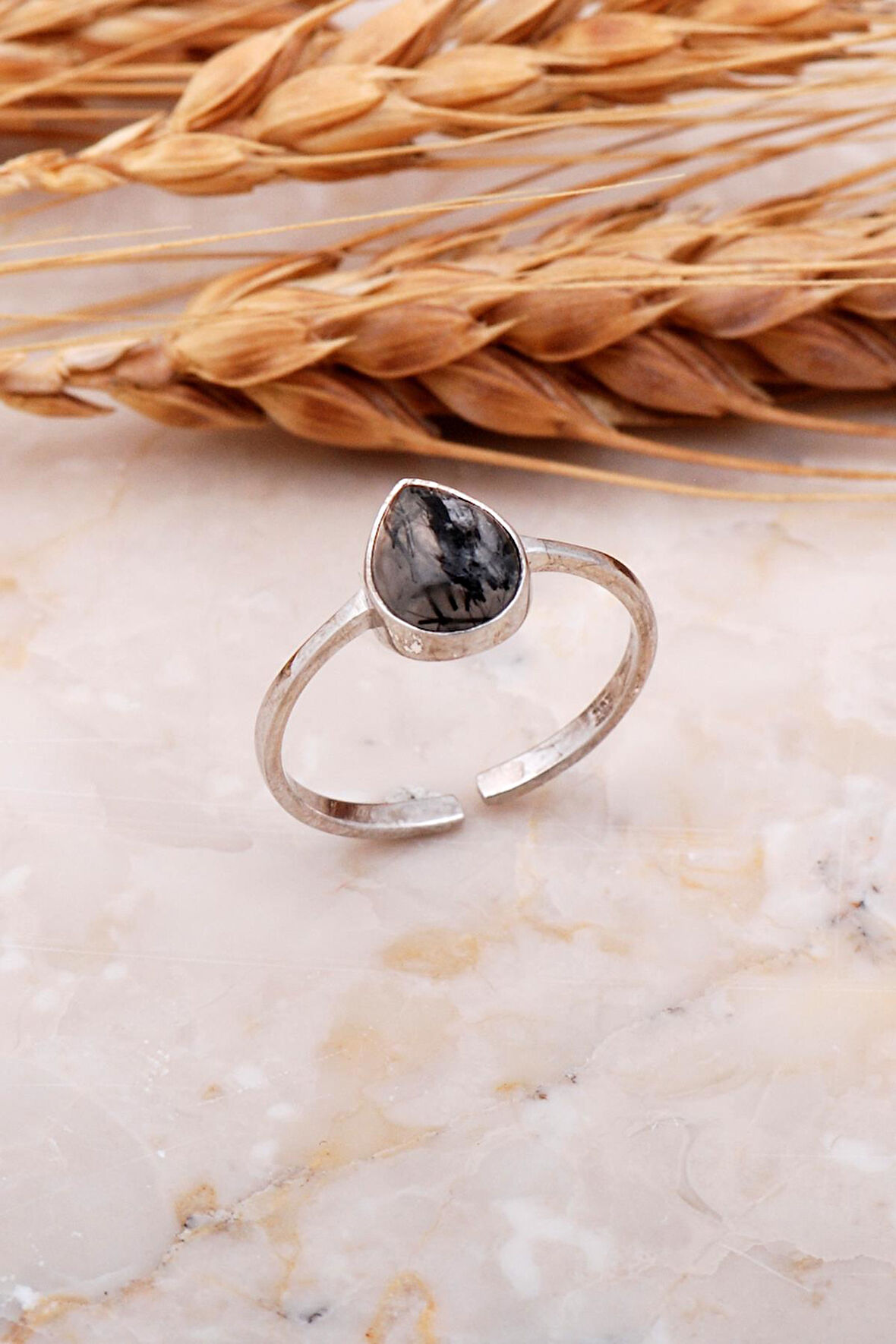 Rutil Kuvars Taşlı Rodyumlu Gümüş Yüzük 3654