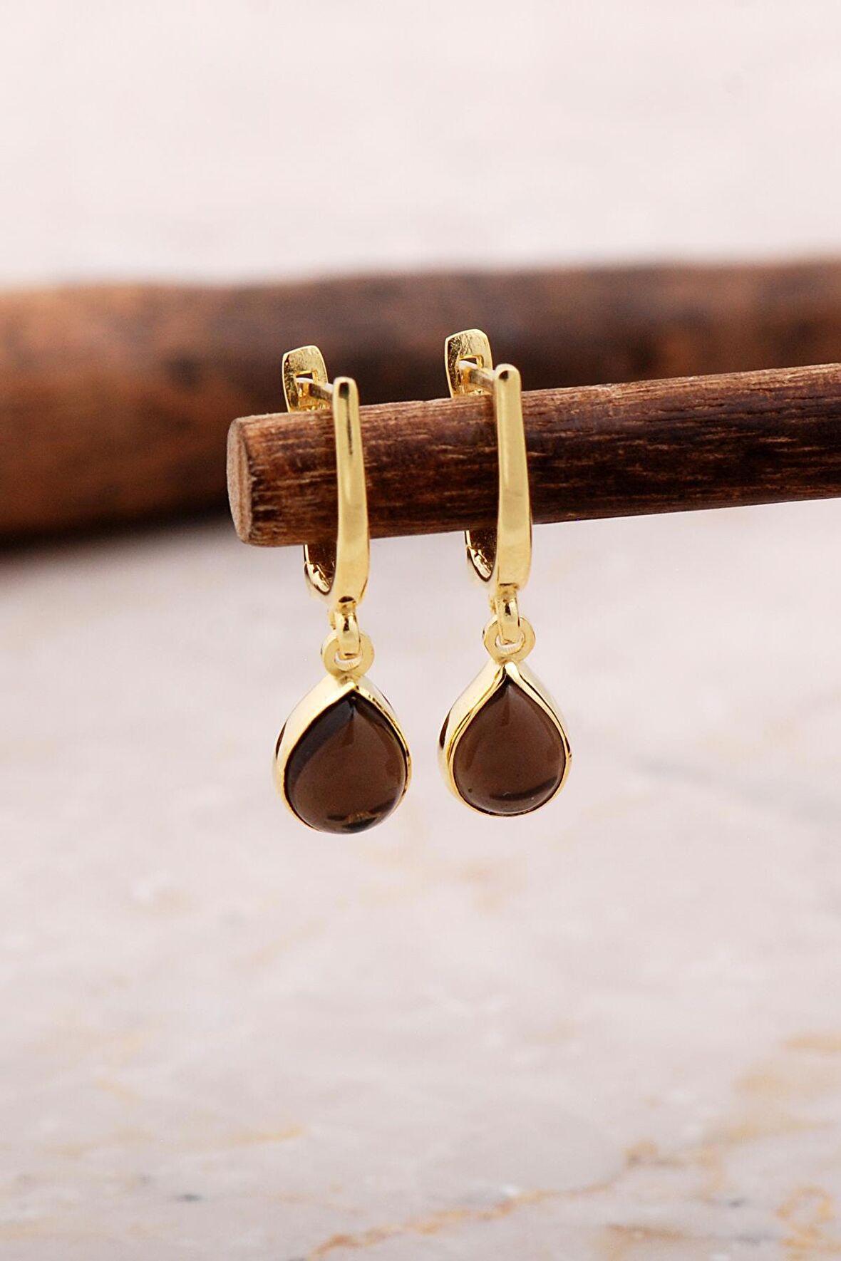 Doğal Smoky Taşlı Damla Mini Altın Yaldızlı Gümüş Küpe 5883