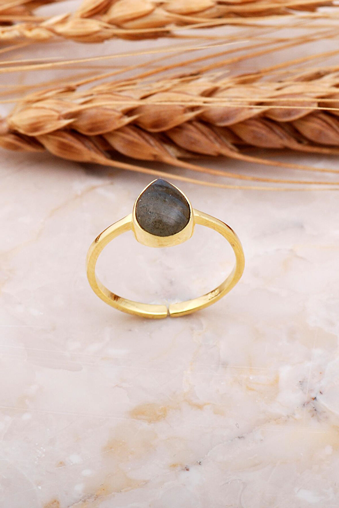 Labradorit Taşlı Damla Altın Yaldızlı Gümüş Yüzük 3677