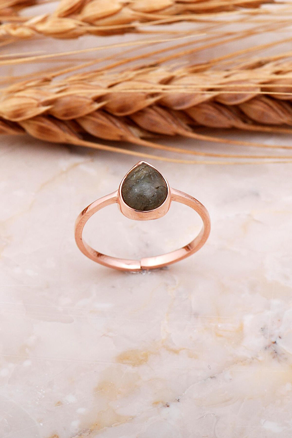 Labradorit Taşlı Damla Rose Gümüş Yüzük 3678
