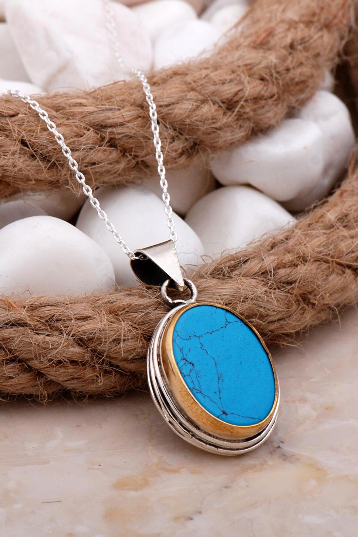 Firuze Taşlı Sarma Elişi Gümüş Kolye 7821