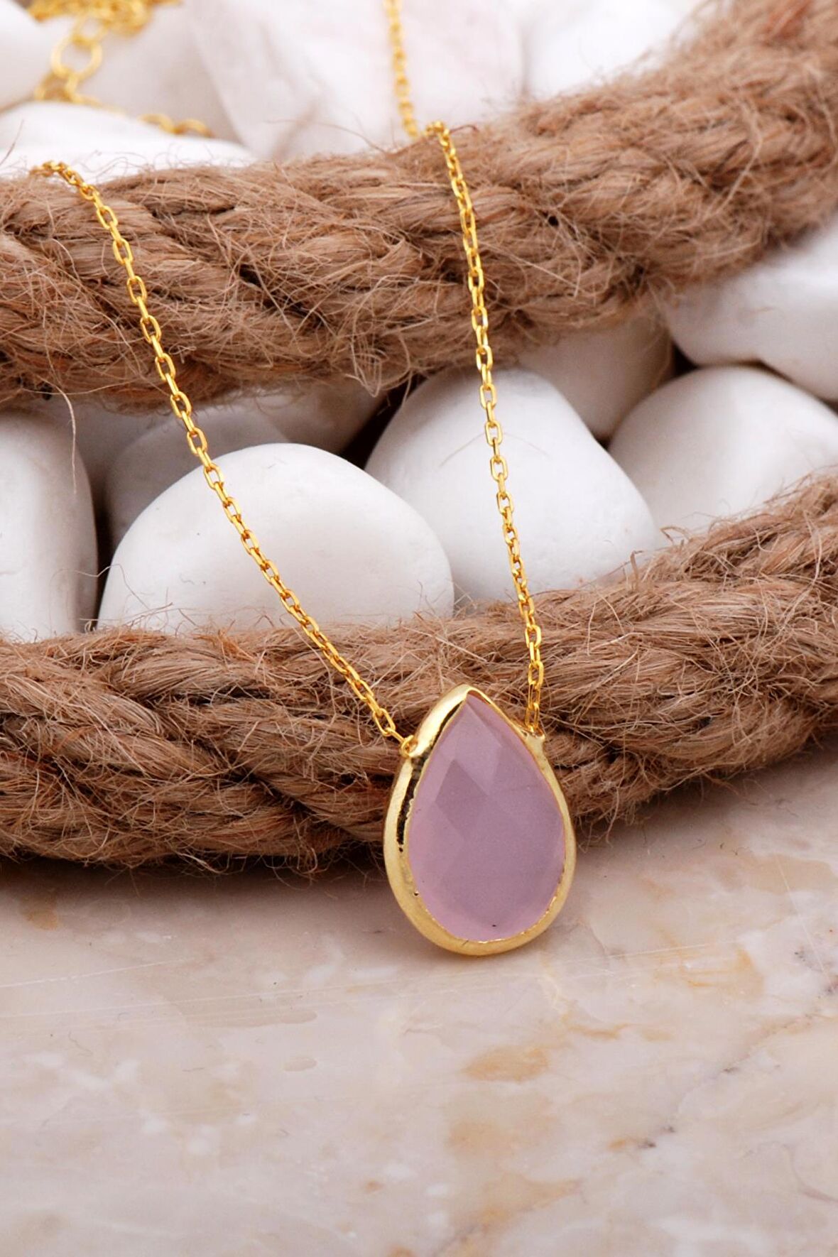 Pembe Kuvars Altın Kaplama Gümüş Kolye 7830