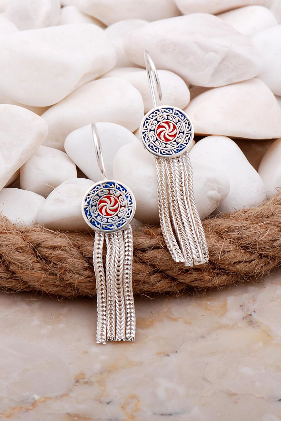 Mineli Elişi Hasır Gümüş Küpe 5938