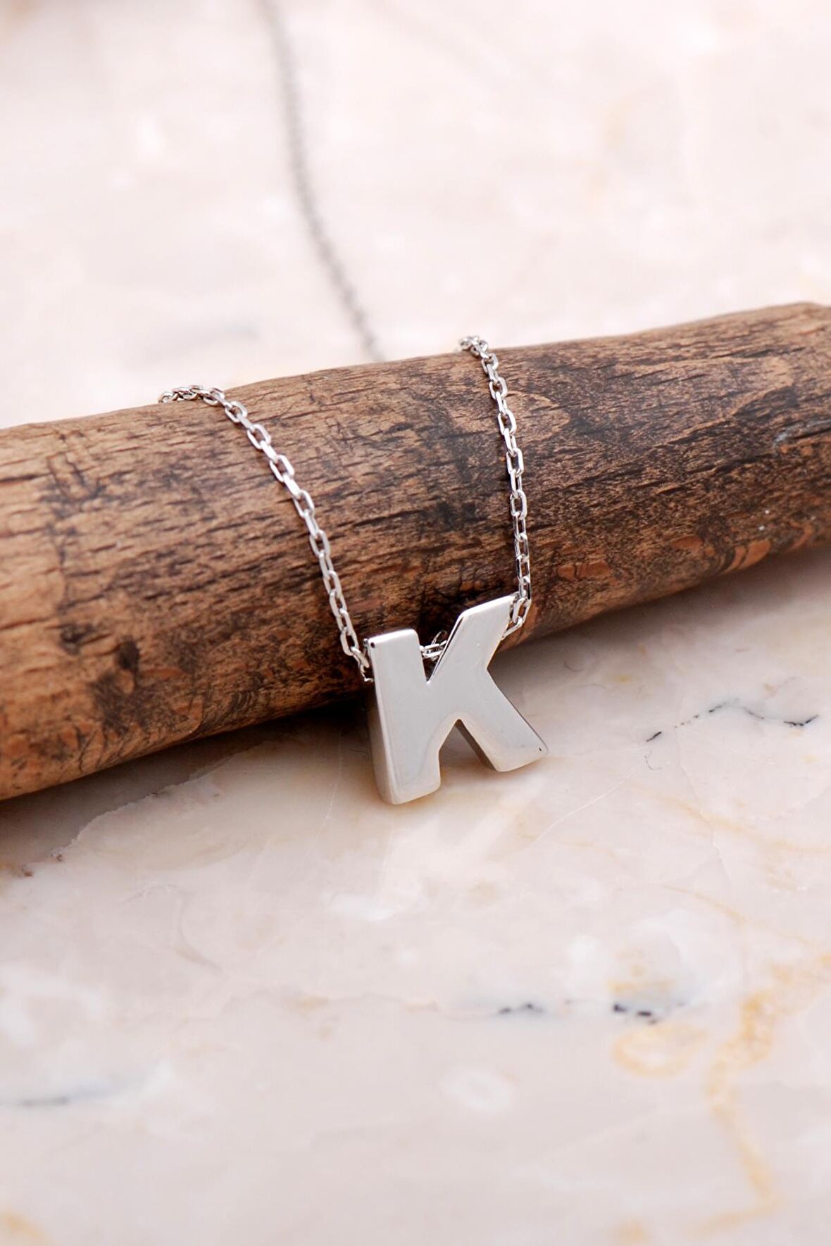 K Harfi Rodyumlu Gümüş Kolye 7874