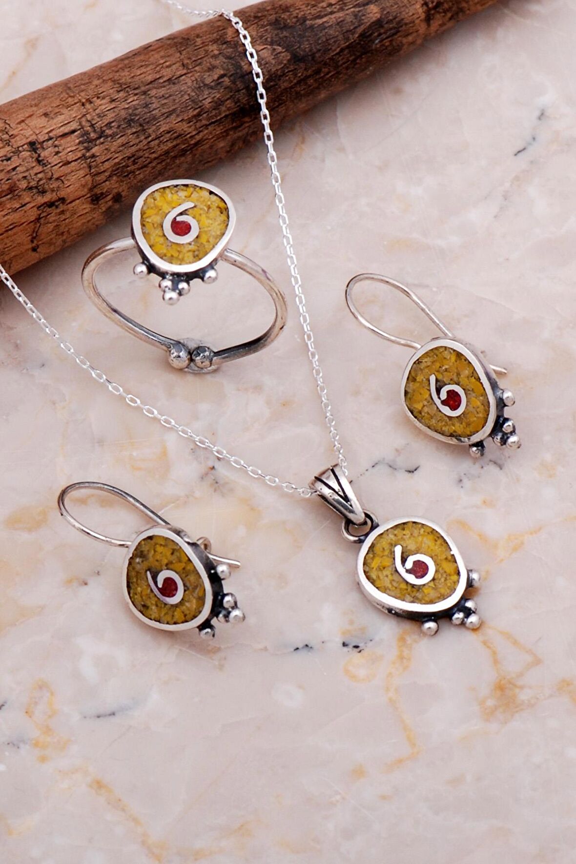 Antik Mozaik İşlemeli Sarı Kuvars Taşlı Gümüş Set 2626