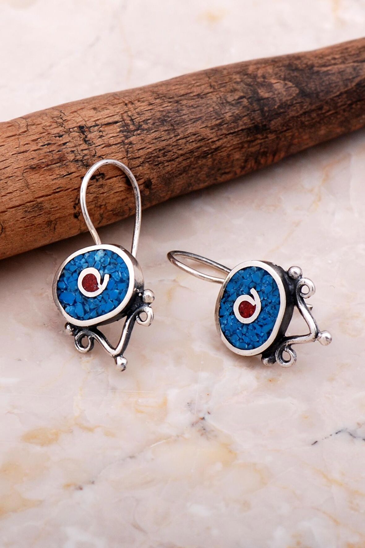 Antik Mozaik İşlemeli Turkuaz Taşlı Gümüş Küpe 6076