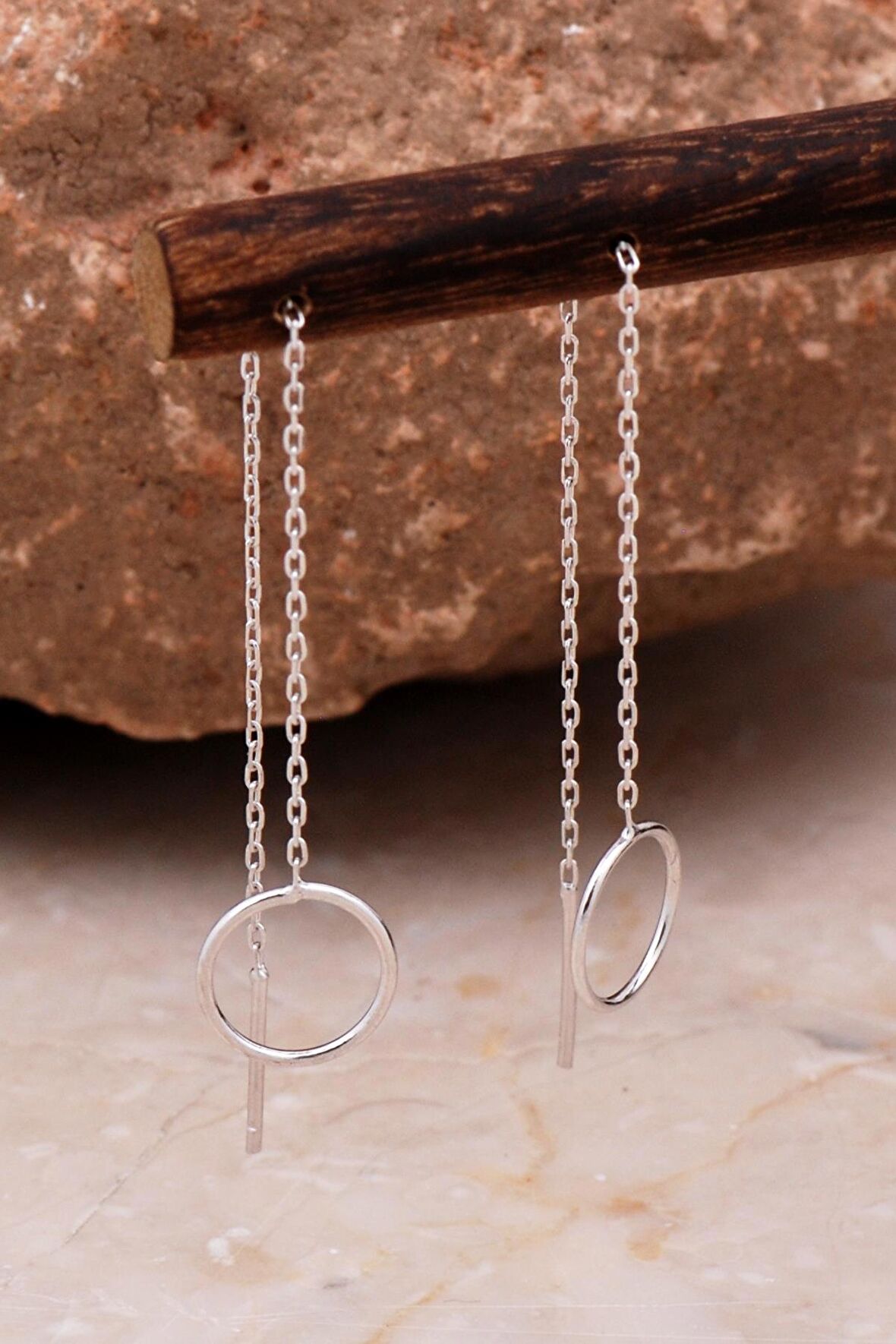 Halka Rodyumlu Gümüş Zincir Küpe 6093