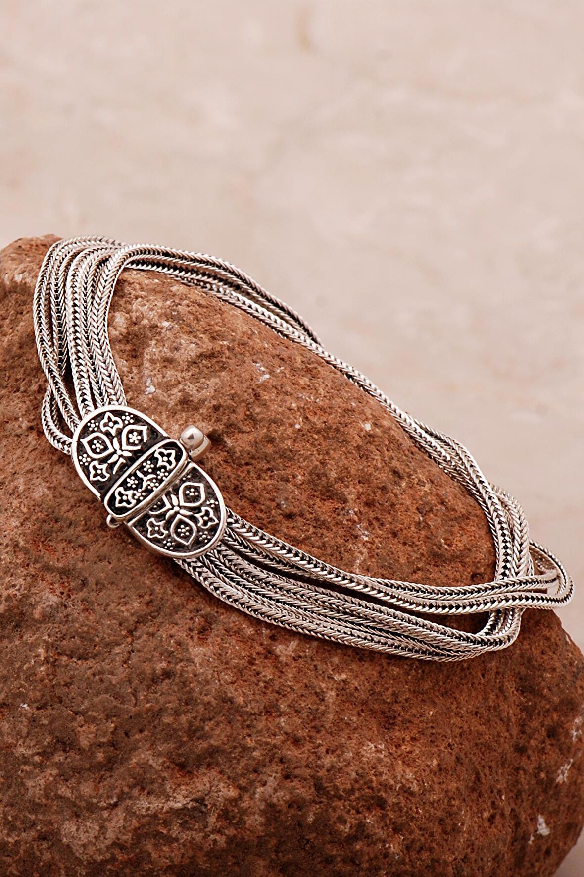 Anadolu Motifli Hasır Elişi Oksitli Tasarım Gümüş Bileklik 4319