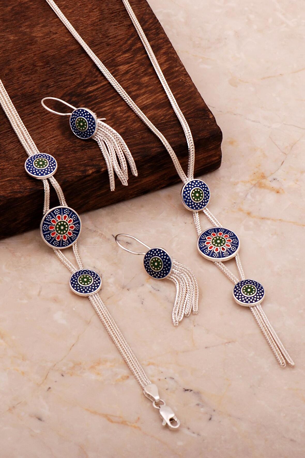 Anadolu Motifli Mineli Hasır Elişi Tasarım Gümüş Set 2677