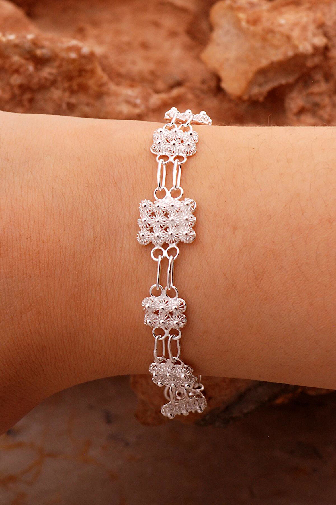 Telkari İşlemeli Elişi Gümüş Bileklik 4413