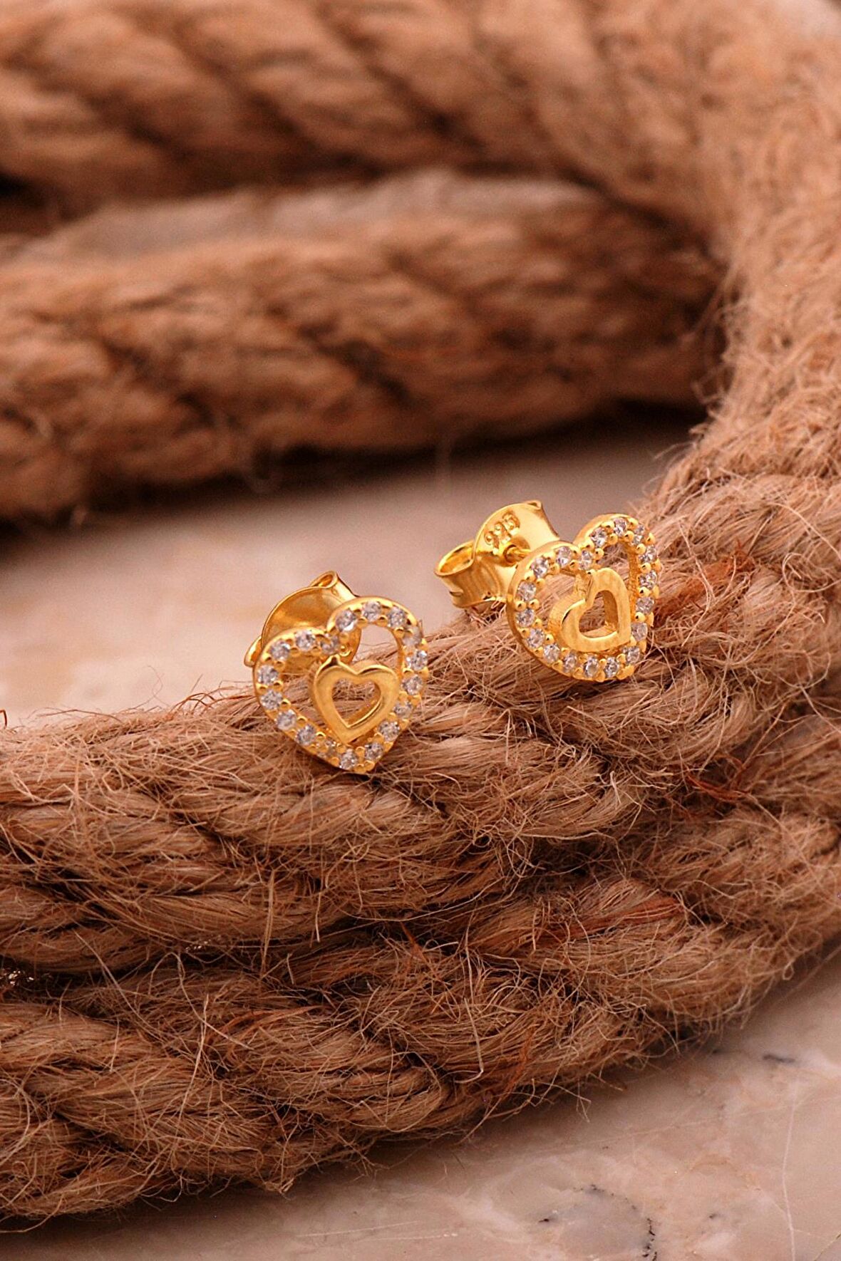 Çift Kalp Mini Altın Kaplama Gümüş Küpe 6812