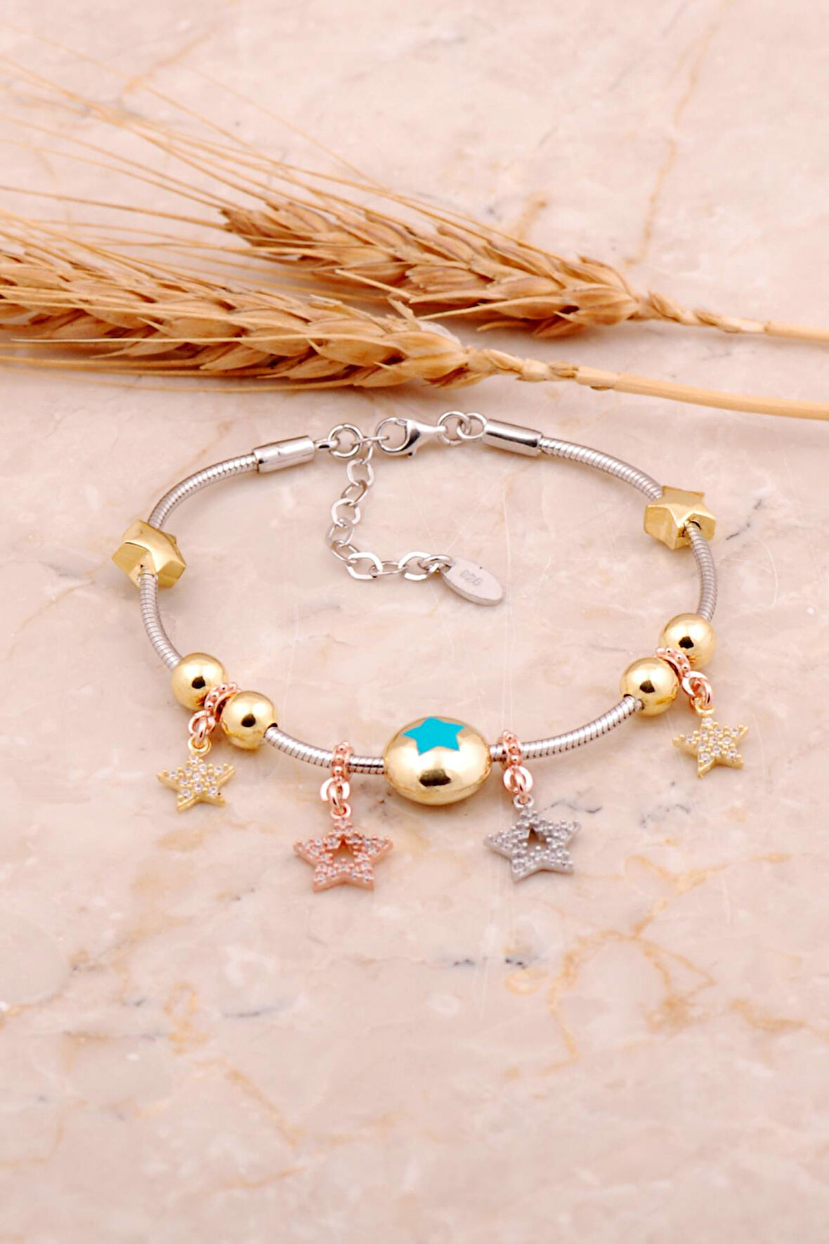 Mavi Mineli Yıldız Tasarımlı Gümüş Şans Bileklik 4498