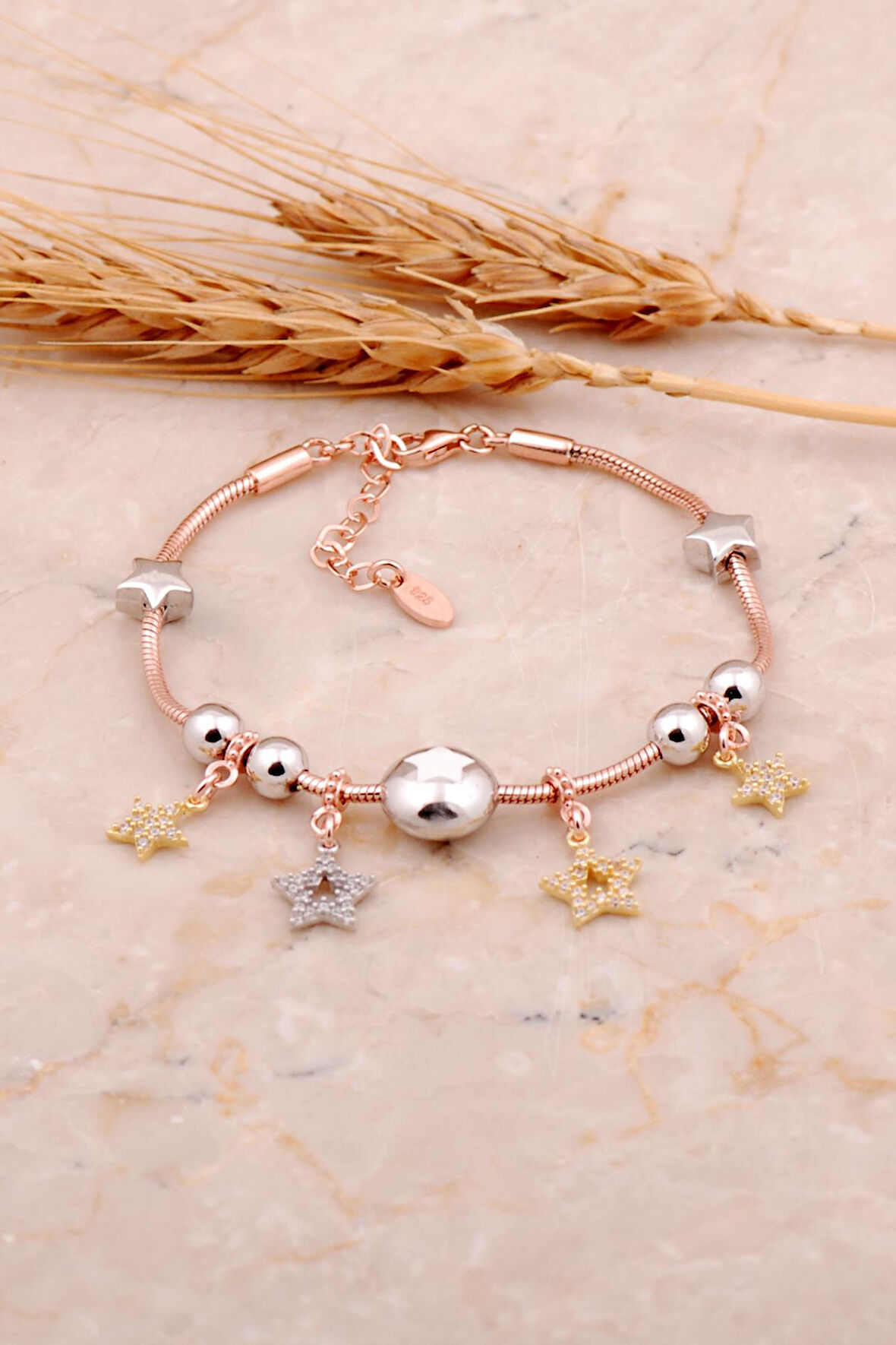 Beyaz Mineli Yıldız Tasarımlı Gümüş Şans Bileklik 4501