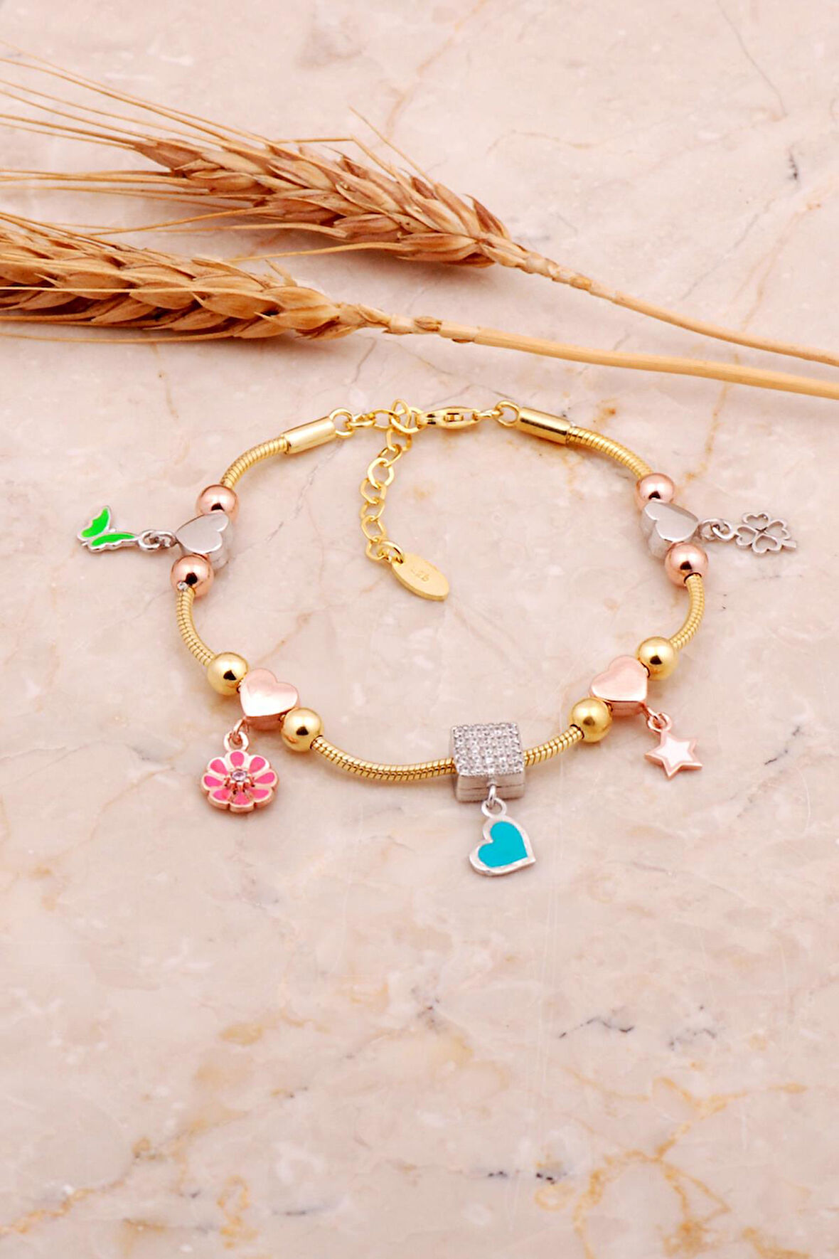 Mineli Altın Kaplama Gümüş Kalp Şans Bileklik 4517