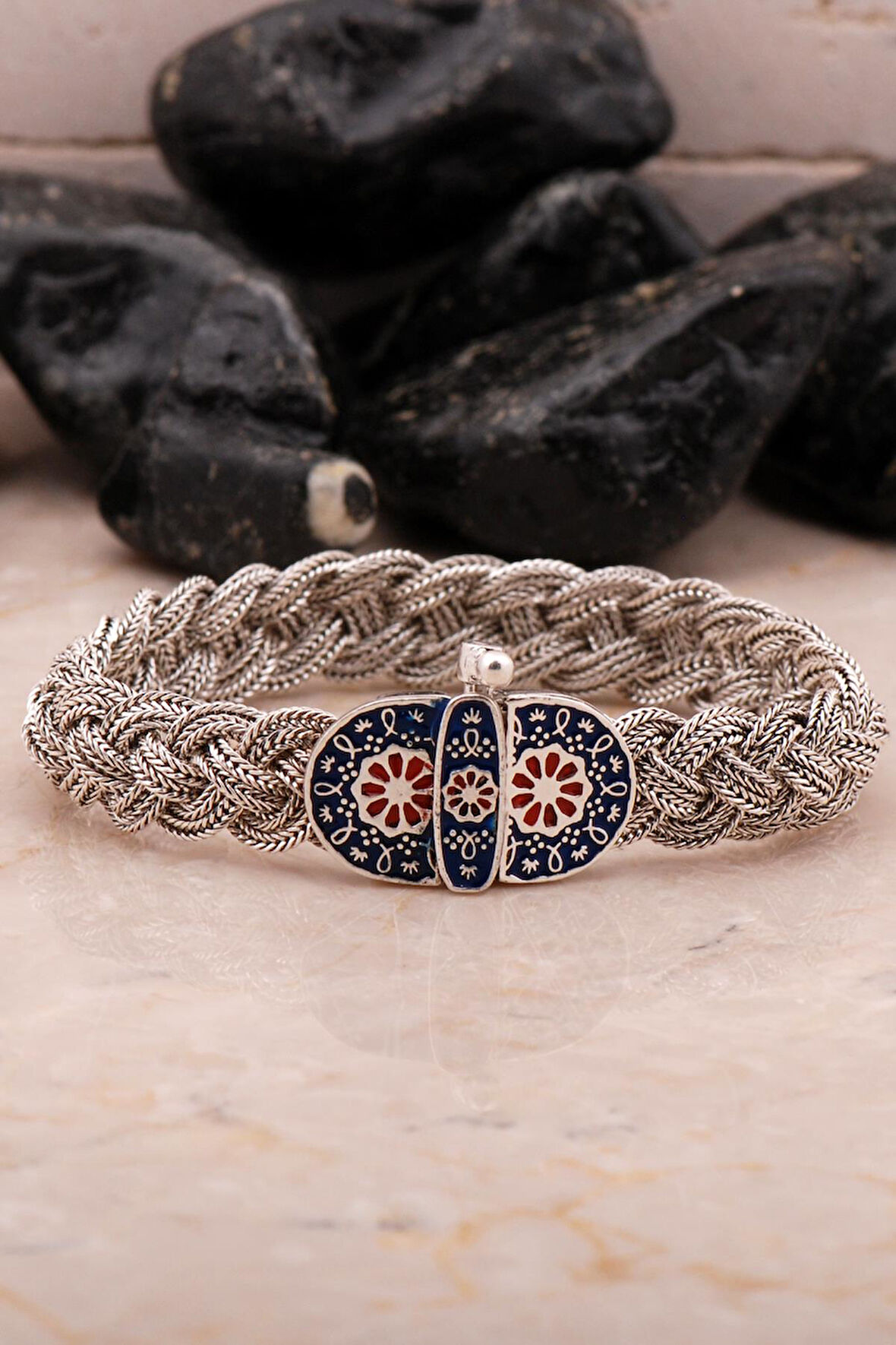 Midyat Hasır Telkari Örme Mineli Oksitli Gümüş Bileklik 4539