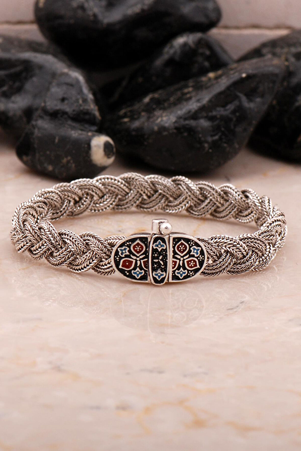 Midyat Hasır Telkari Örme Mineli Oksitli Gümüş Bileklik 4549