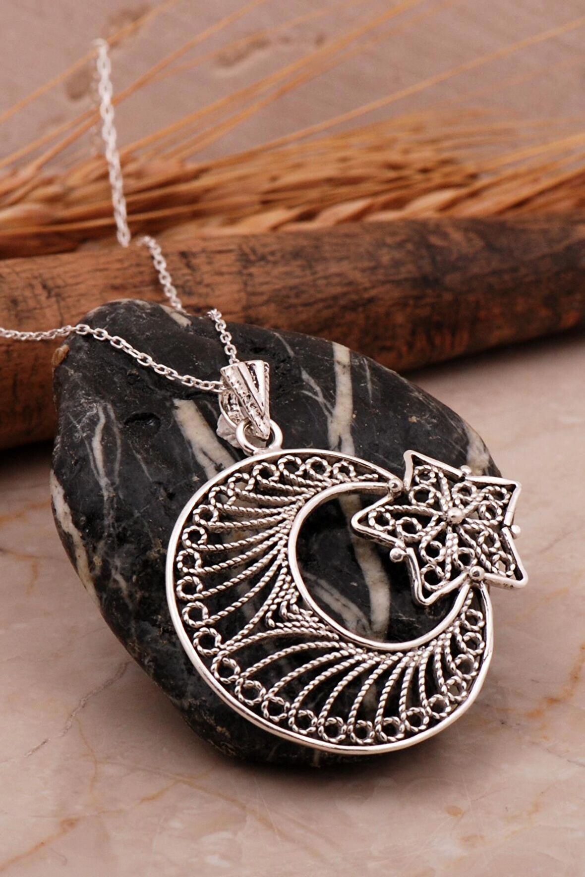 Telkari Ay Yıldız Elişi Gümüş Kolye 7969