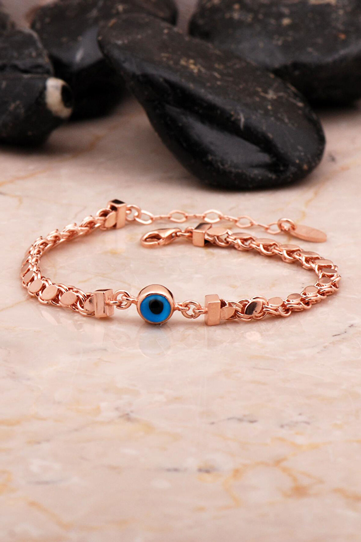 Gümüş Rose Arpa Pullu Göz Nazar Boncuklu Zincir Bileklik 4560