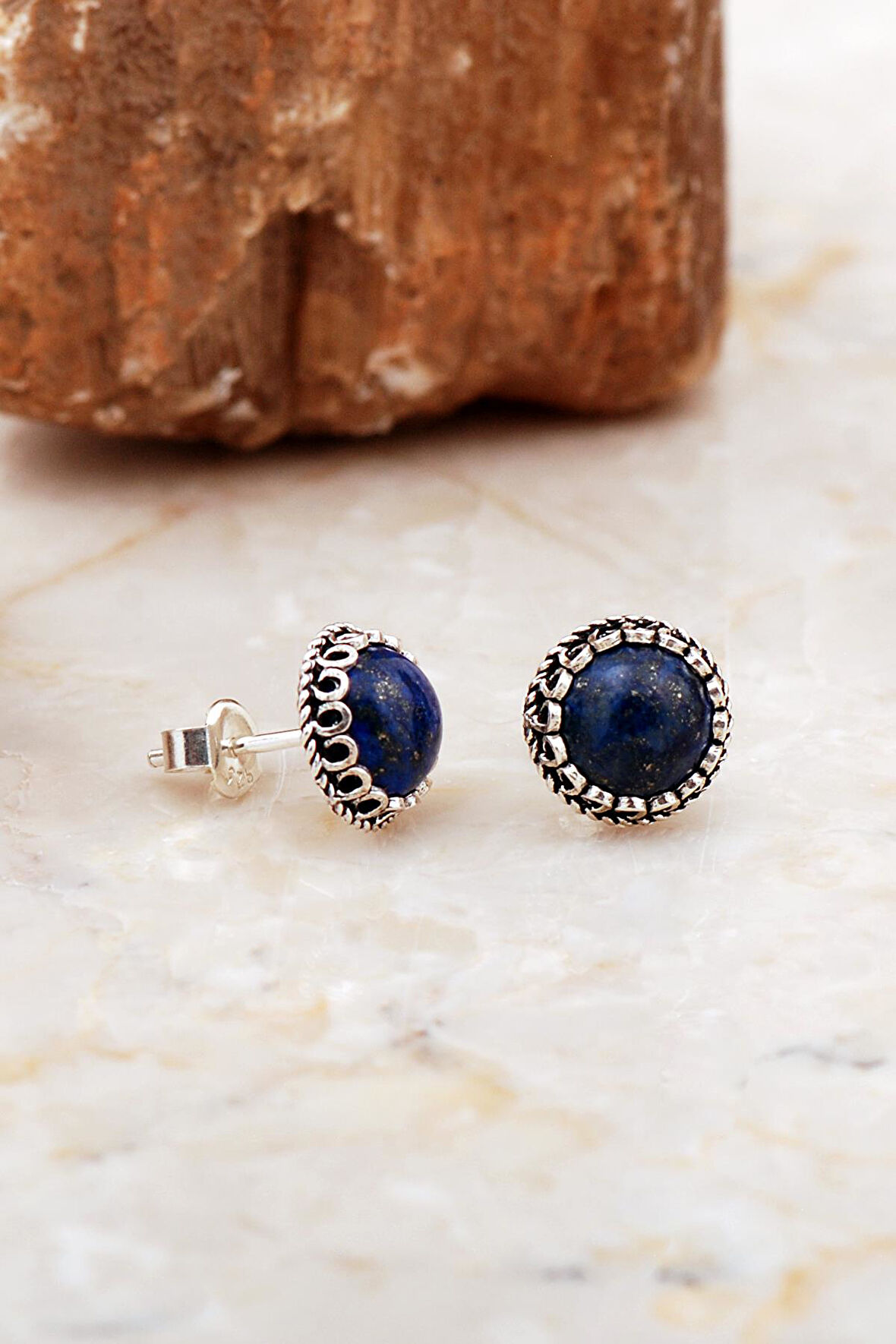 Lapis Lazuli Taşlı Mini Elişi Yuvarlak Gümüş Küpe 6994