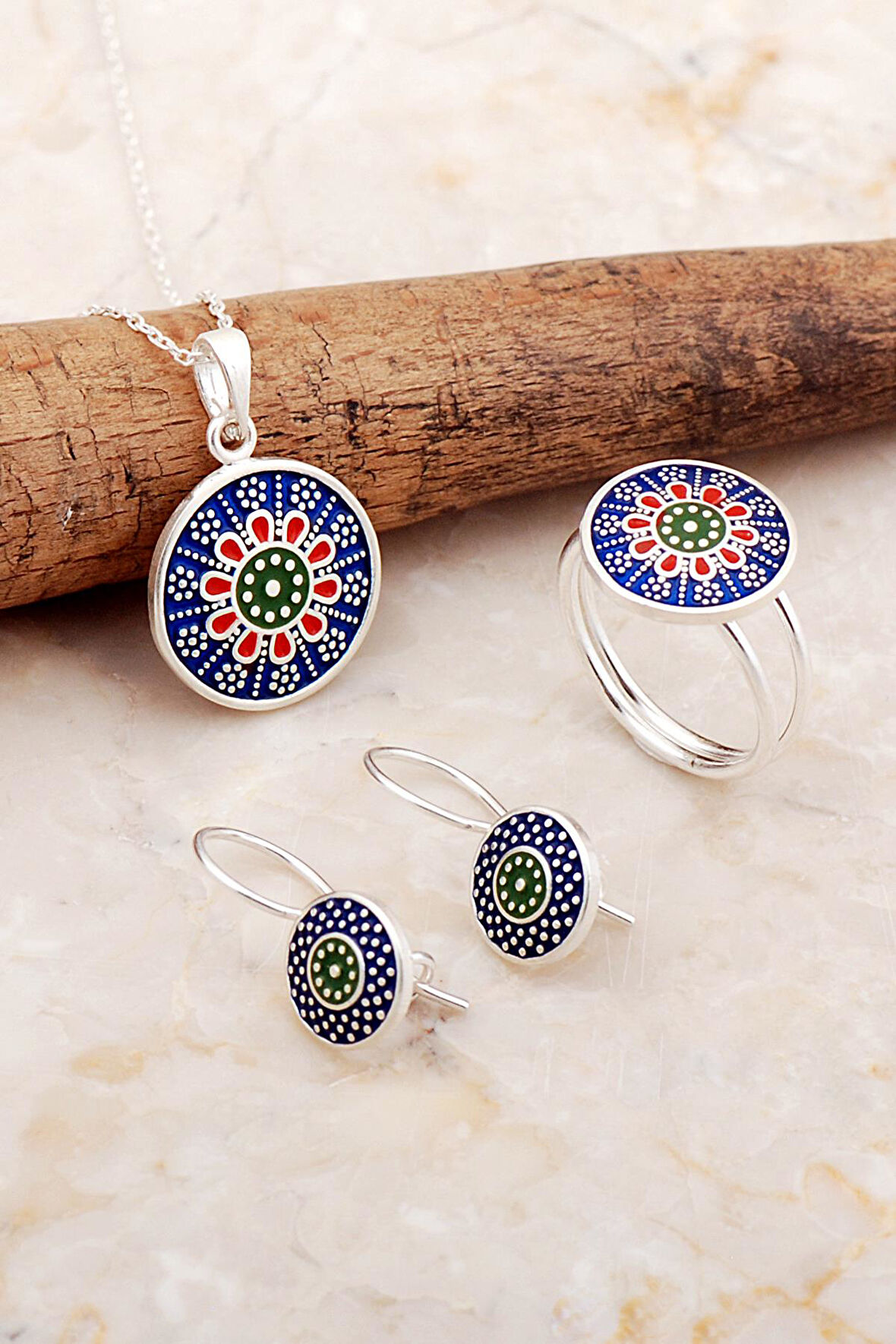 Anadolu Motifli Elişi Mineli Gümüş Set 2823