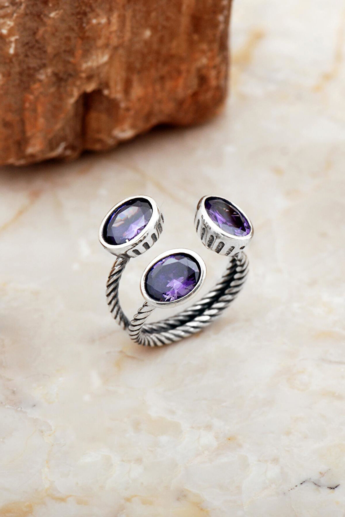 Ametist Taşlı El Sarması Üç Başlı Gümüş Yüzük 5822