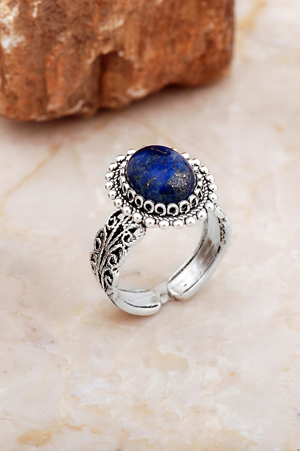 Lapis Lazuli Taşlı Telkari Elişi Oval Gümüş Yüzük 5836