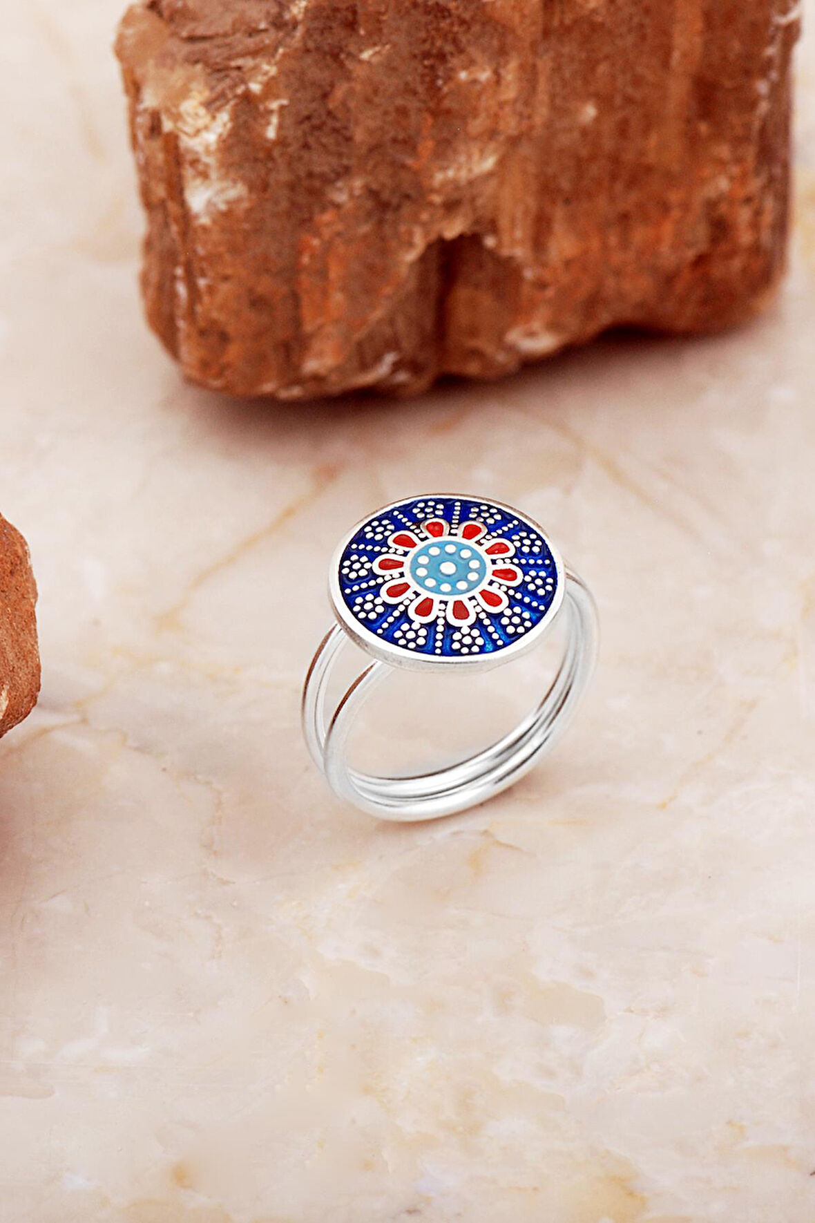 Anadolu Motifli Mineli Elişi Gümüş Yüzük 5885