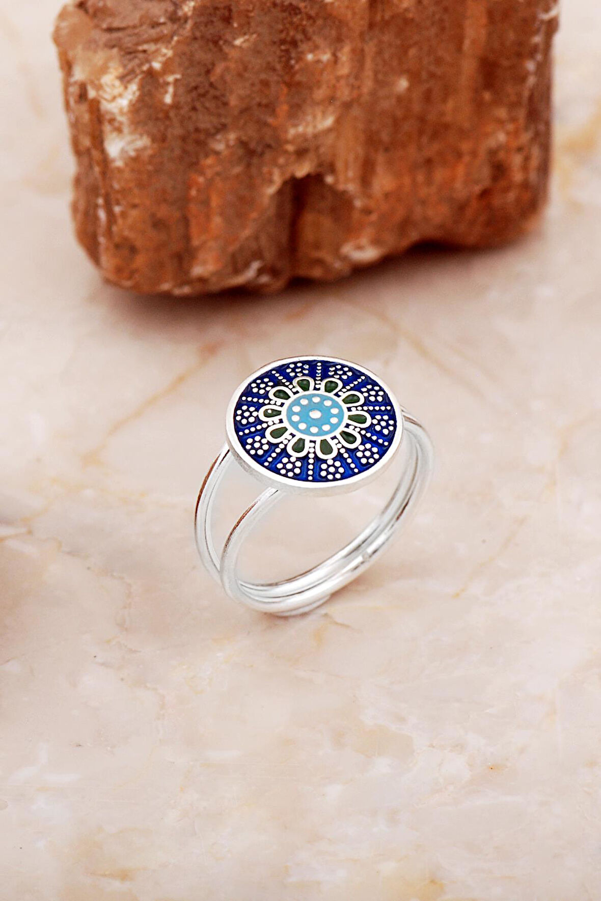 Anadolu Motifli Mineli Elişi Gümüş Yüzük 5887