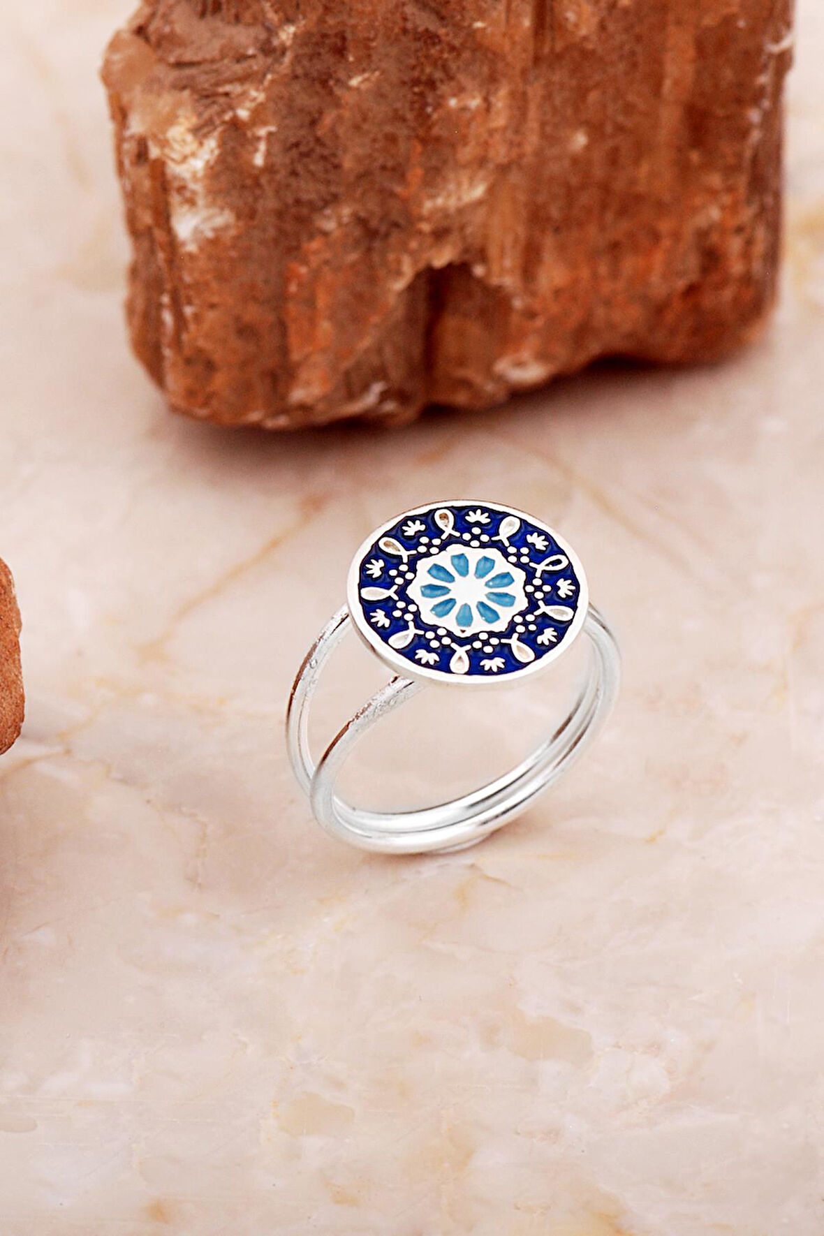 Anadolu Motifli Mineli Elişi Gümüş Çiçek Yüzük 5897