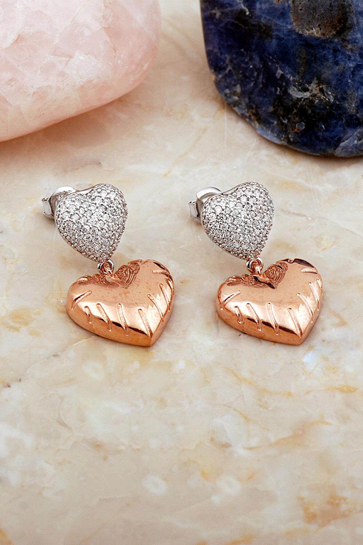 Çift Kalp Tasarım Rose Gümüş Küpe 7113