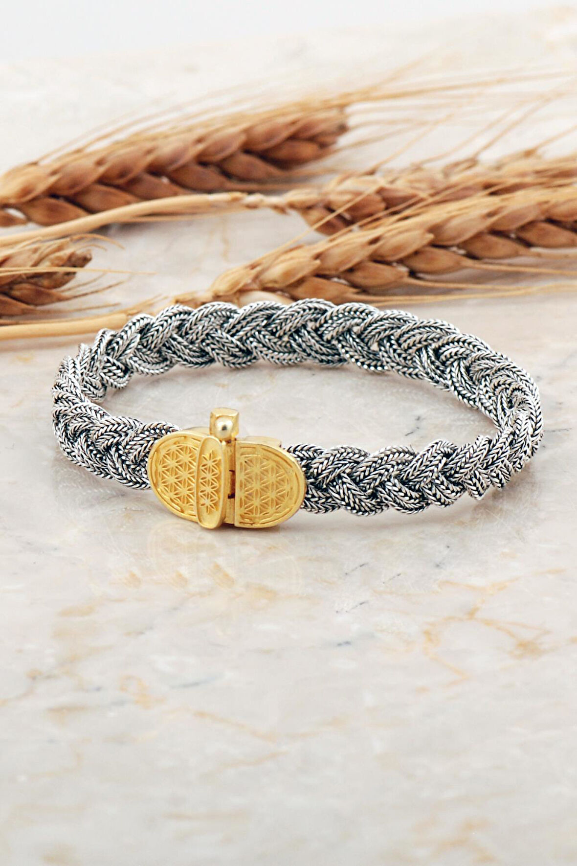 Midyat Hasırı Altın Kaplama Yaşam Çiçeği Gümüş Örgü Bileklik 4695