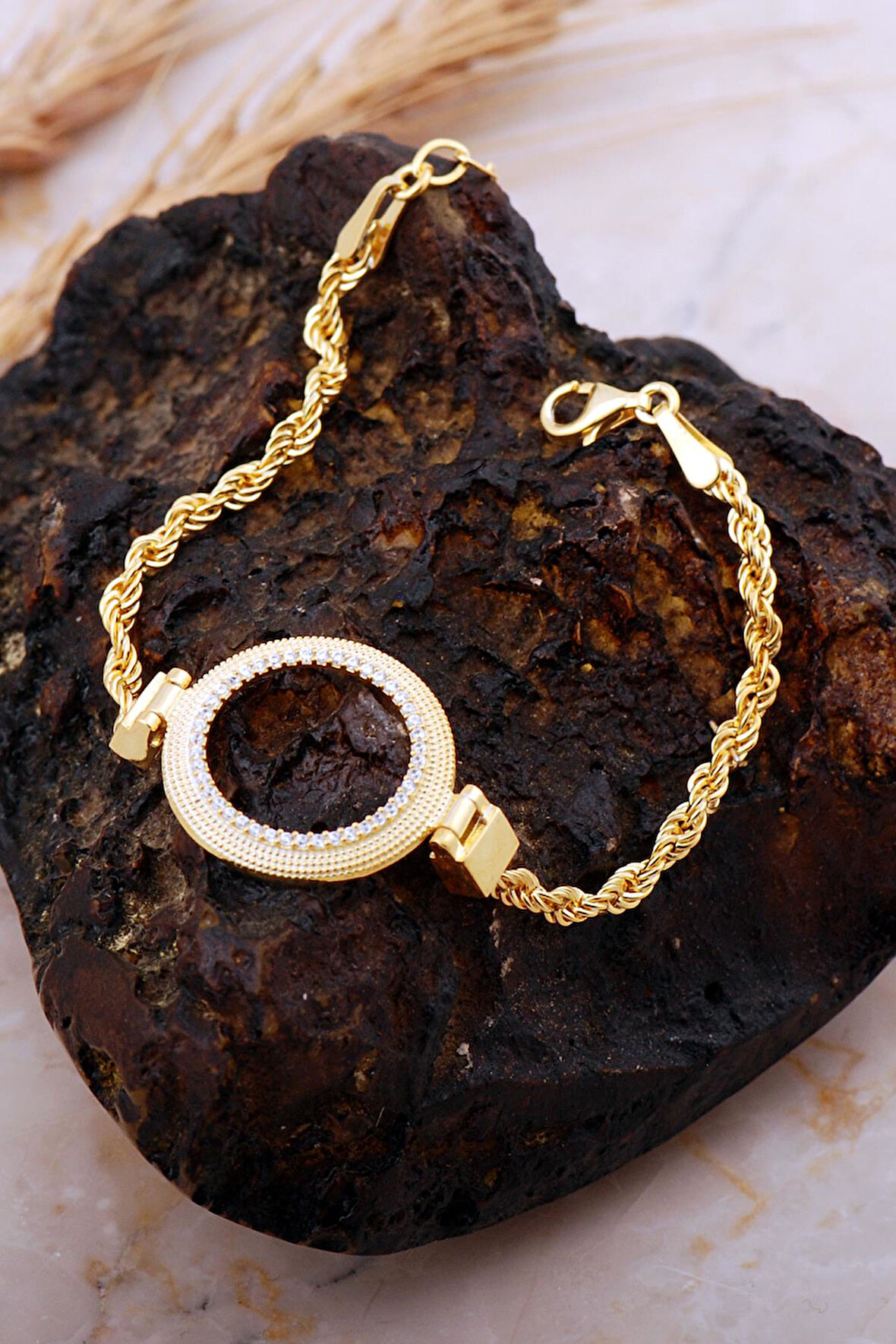 Çeyrek Çerçeveli Taşlı Halat Zincir Altın Kapalama Gümüş Bileklik 4726 